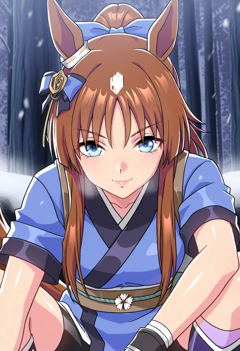 score_9, score_8_up, score_7_up, source_anime, solo, 1girl, looking at viewer, absurdres,highres,masterpiece,best quality,amazing quality, ultra detailed anime style, anime coloring, shiny skin, perfect eyes,detail1eye,well-defined fingers, , umagw , horse ears , horse tail , blue eyes , hair bow , long hair , brown hair, japanese clothes, sash, gloves, fingerless gloves, short sleeves, bike shorts,ninja,sash,obi, pink purple socks,tabi , looking at the viewer , lips, midnight forest, cold, fogs, close_up, smile, happy pose,sfw