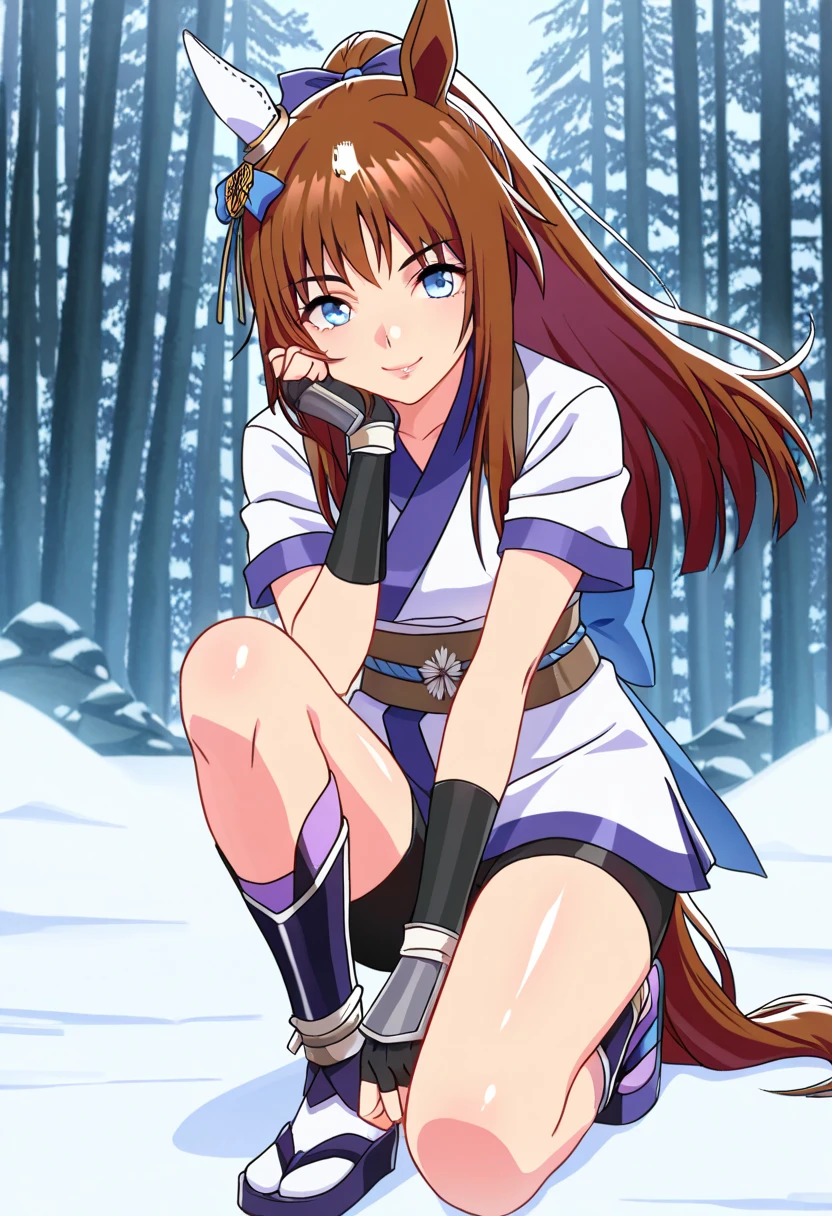 score_9, score_8_up, score_7_up, source_anime, solo, 1girl, looking at viewer, absurdres,highres,masterpiece,best quality,amazing quality, ultra detailed anime style, anime coloring, shiny skin, perfect eyes,detail1eye,well-defined fingers, , umagw , horse ears , horse tail , blue eyes , hair bow , long hair , brown hair, white japanese clothes, sash, gloves, fingerless gloves, short sleeves, bike shorts,ninja,sash,obi, pink purple socks,tabi , looking at the viewer , lips, midnight forest, cold, fogs, smile, happy pose,sfw