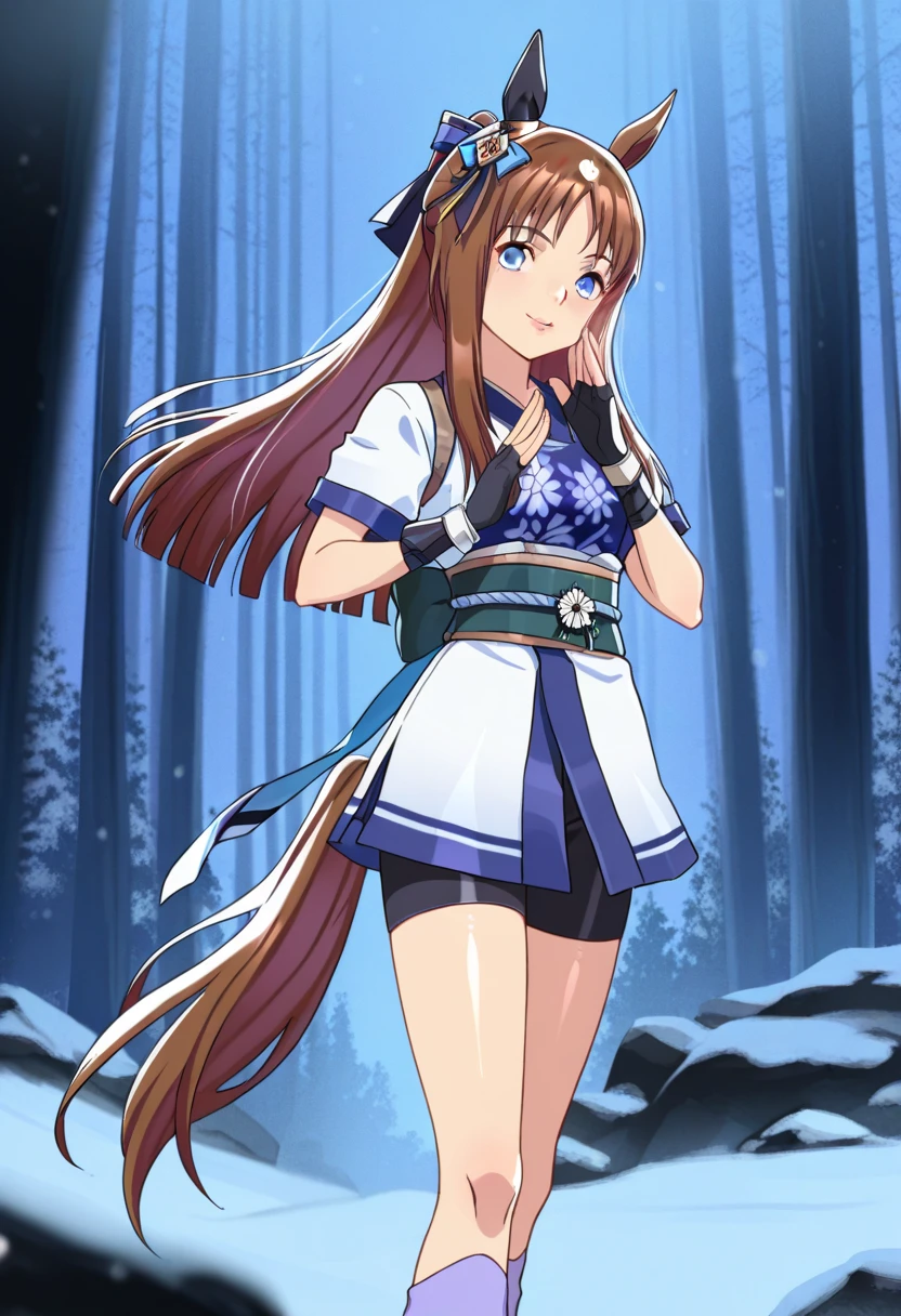 score_9, score_8_up, score_7_up, source_anime, solo, 1girl, looking at viewer, absurdres,highres,masterpiece,best quality,amazing quality, ultra detailed anime style, anime coloring, shiny skin, perfect eyes,detail1eye,well-defined fingers, , umagw , horse ears , horse tail , blue eyes , hair bow , long hair , brown hair, white japanese clothes, sash, gloves, fingerless gloves, short sleeves, bike shorts,ninja,sash,obi, pink purple socks,tabi , looking at the viewer , lips, midnight forest, cold, fogs, smile, happy pose,sfw