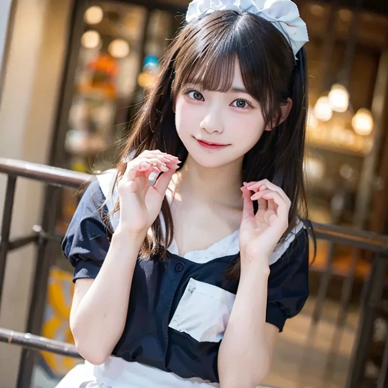 (8k, RAW photo, highest quality, masterpiece:1.2), High-definition RAW color photo, professional photos,(realistic, photo realistic:1.2), ((highest quality)),HDR, 1 girl,18-year-old, beautiful eyes,smile, japanese idol, very nice looking, cute, perfect face, blush, gentle expression, looking at the viewer, 1 girl, masterpiece,realistic,looking at the viewer,smile shyly,Nogizaka girl, round big eyes, shiny skin,small nostrils,light makeup, (French traditional black maid costume:1.2),maid headdress,short hair,socks,shallow depth of field,