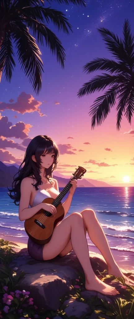 1 Girl, holding electric guitar, Small Breasts, Swimsuit, Practical, beach, wet, ocean, Umbilical cord, Sky, clavicle，masterpiece, best quality, High resolution, Fine details,