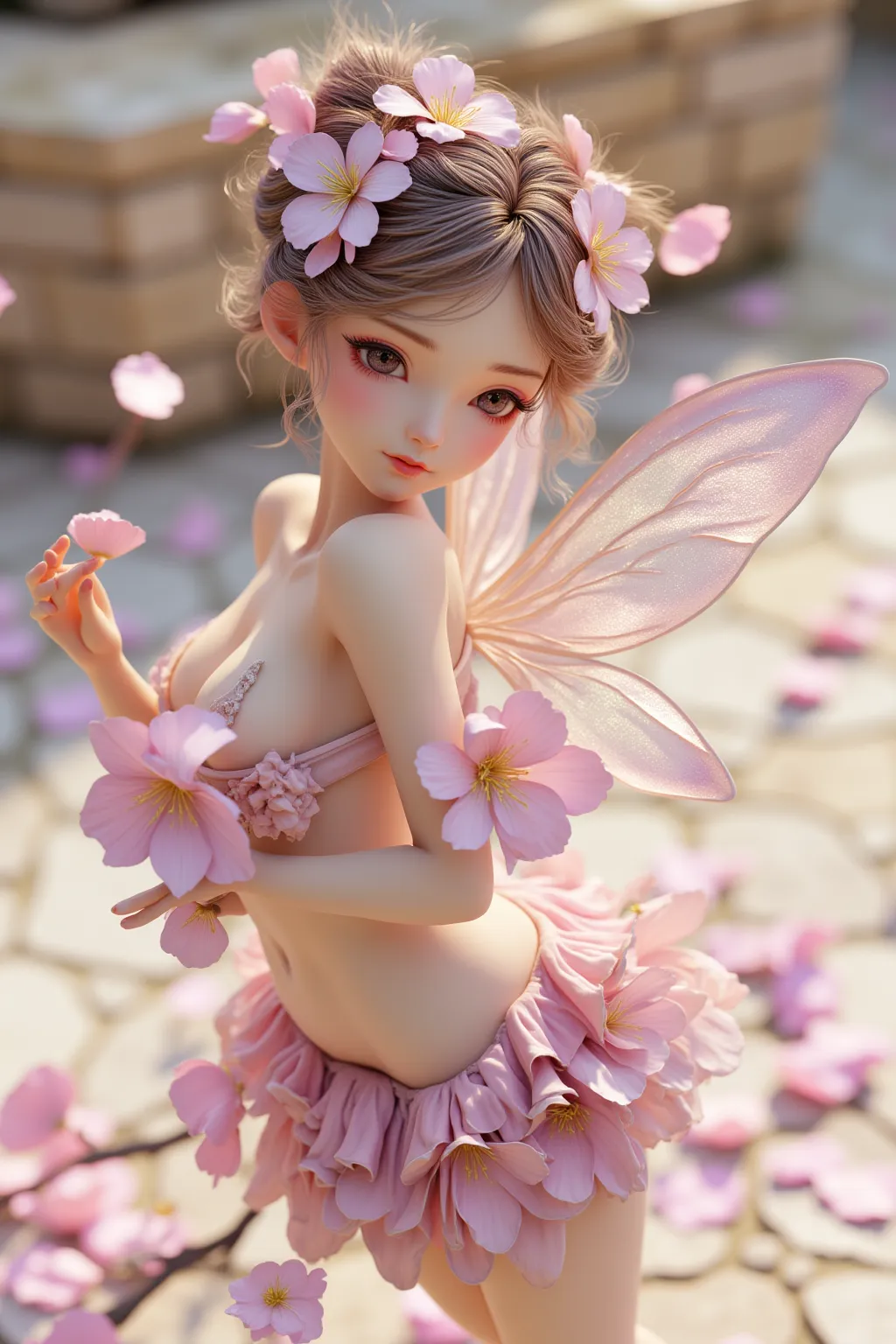 (((girl))，Big Breasts，(Cleavage)，((Completely naked:1.5))，Iridescent colors，(Flower Fairy)，(Rich colors)，spring，Arthur effect, Transparent body, Gradient translucent glass melt, Caustics, Clear glass texture, Iridescent colors, design：Dietrams, Simple, Shining in every detail, White background, 工業design, Studio Lighting, C4D, OC Renderer, Beautiful shadows, 4K