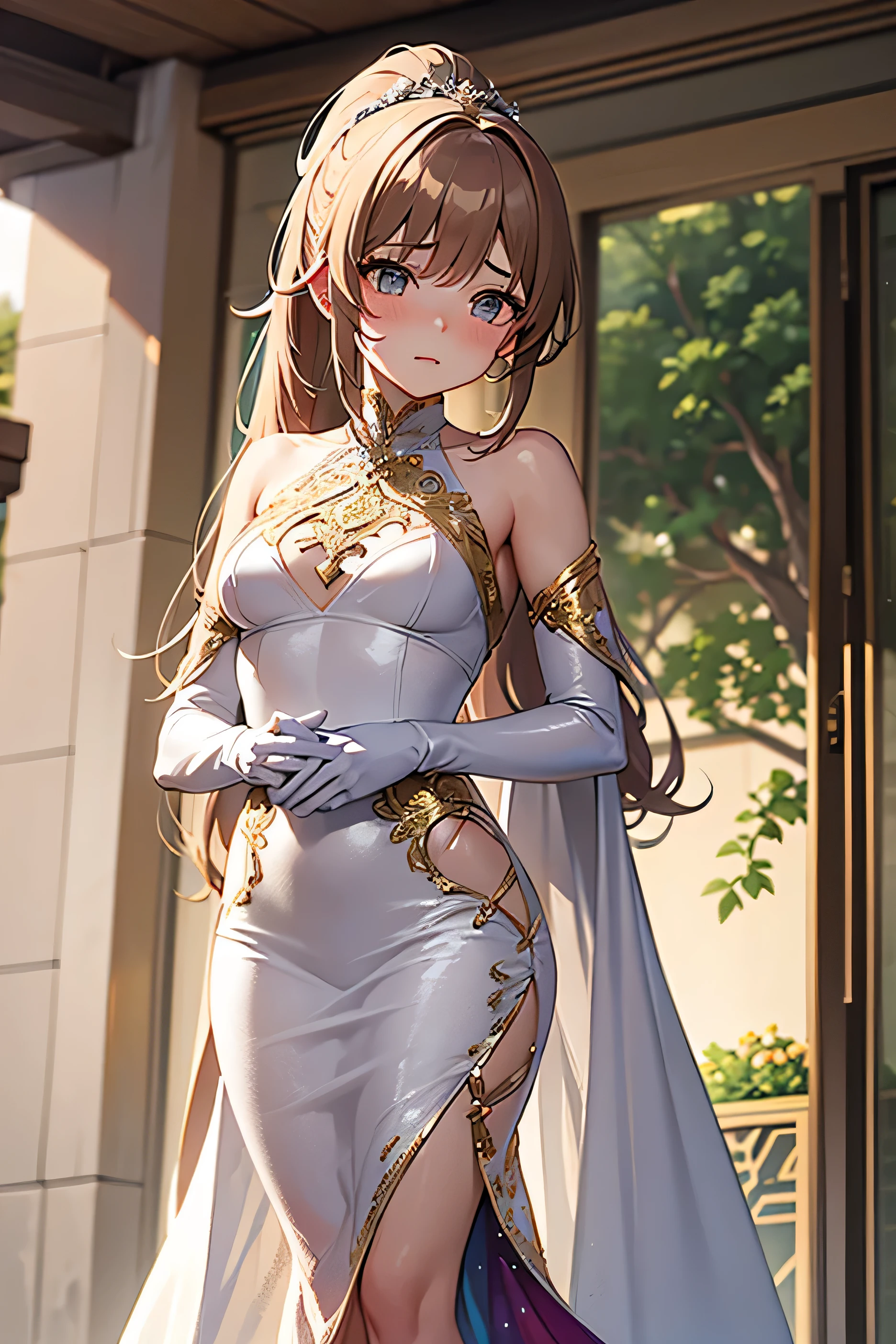 Very delicate and beautiful, illustration, cinematic lighting, natural light, solo, cowboy shot, high angle, girl looking into the distance, expressionless, hair swaying in the wind, elf ears, rose gold colored hair, long hair, super long hair, straight hair, spread hair, long sideburns, blue eyes, gentle eyes, shining eyes, voluminous hair, hair between the eyes, long hair over the shoulders, (hair ribbon 1.3), necklace,
BREAK
white blouse, shaded chest, wrinkles in clothes,
BREAK
brown long skirt, waist belt,
BREAK
lighthouse visible in the distance, starry sky, white sand beach, wide view of the sea, white waves, wooden veranda, seaside veranda background, detailed background, lens flare, chromatic aberration, depth of field,, warm light, lens flare, chromatic aberration, depth of field,