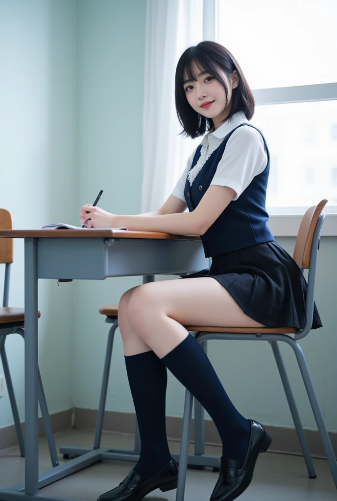 (8k, Photorealistic, Raw photo, Highest quality: 1.4),Japanese idol-style beautiful girl,1 person,17 years old,Hairstyle(Short Bob,Black :1.4),She has her hair tucked behind her ears,Large, clear grey eyes,Long eyelashes,Plump Cheeks,Thin and delicate shoulders,thin abdomen,(Short sleeve open shirt),(Pleated skirt(Plaid)),School classroom,(Sitting on a desk(The knees are bent, the legs are wide apart, and the legs are crossed.)),(View from below),Full body portrait