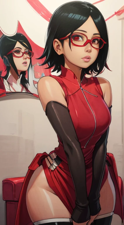 work of art, Great, Super high detail design, Sarada Uchiha, Flat Breast, Mégane, sharing, Eyes red, Tiara of Konoha, Bblack hair, shorth hair, skin fair, showing armpits, arms behind the head, ahegao, blushful, clothing transparent, very naughty clothes, best qualityer