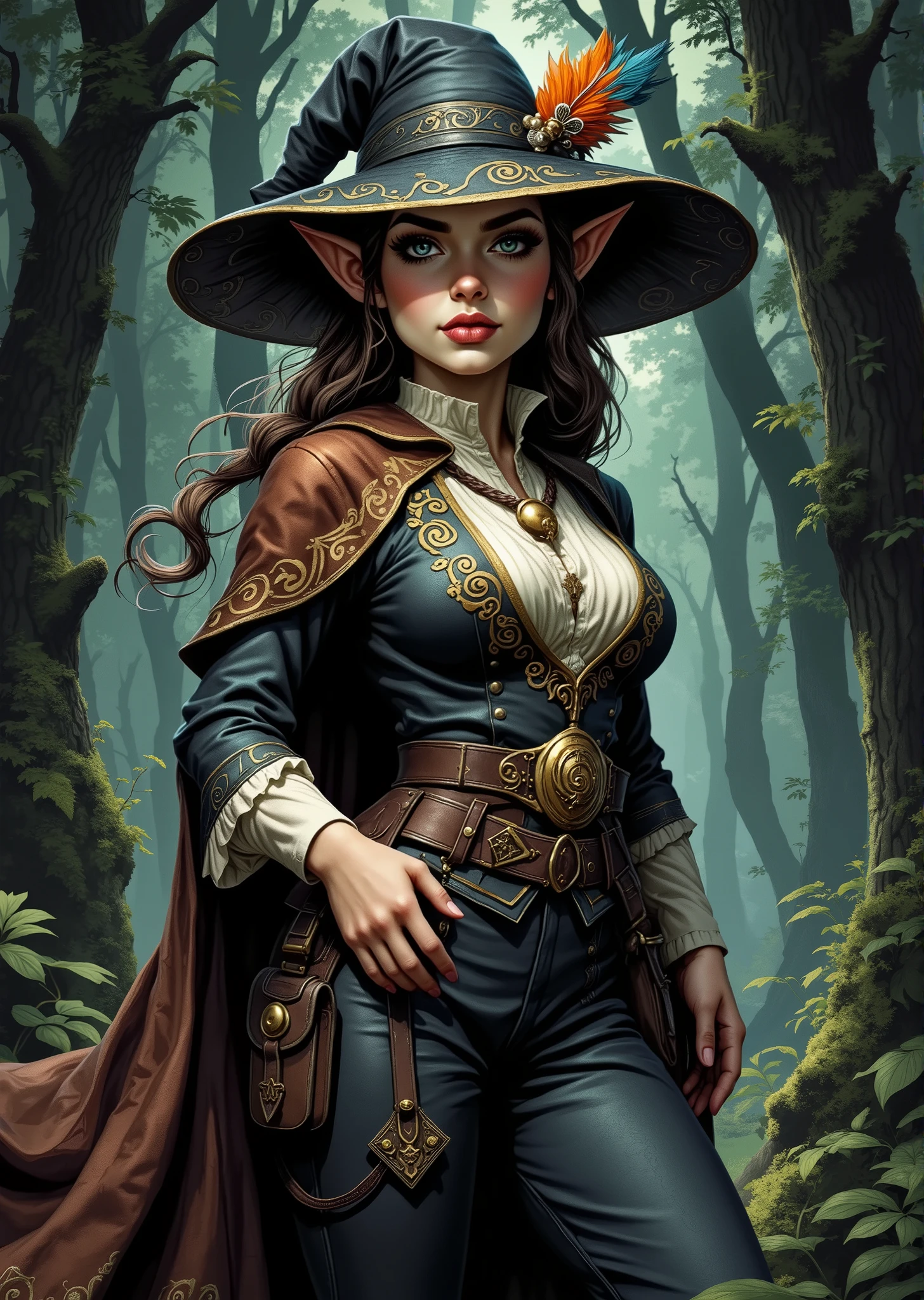 An extremely detailed comic book illustration of a stunningly beautiful extremely curvaceous Gnome from Dungeons and Dragons petite magical folk with big eyes and pointed ears created by gods of invention and illusion seldom seen by other folk due to the gnomes' secretive nature and their propensity for living in forests and burrows making up for their small size with the cleverness trained as a Dungeons and Dragons Fey Wanderer Ranger who keep their unending watch in the wilderness learning to track their quarry as a predator does moving stealthily through the wilds and hiding themselves in brush and rubble able to cast spells that harness the primal powers of the wilderness surrounded by a fey mystique wearing a striking and elaborate outfit that exudes elegance and mystery perfectly suited for a skilled rogue or trickster with a wide-brimmed hat adorned with a vibrant feather, whose design is stylish and dramatic adding a flair of sophistication to her ensemble a fitted dark richly colored coat that trails down her back cinched at her waist with an ornate belt intricately patterned with swirling designs that suggest both elegance and a hint of magic a high-collared shirt made from a lighter fabric that contrasts with the darker tones of her outerwear whose sheer sleeves are long and fitted featuring intricate embroidery that mirrors the patterns of the coat tailored trousers that fit snugly embellished with similar swirling designs as the coat creating a cohesive look with a wide and ornate belt featuring pouches and a flowing cloak draped from her shoulders adding an air of mystery and movement to her appearance complementing the overall color scheme and enhancing her silhouette in an art style inspired by Frank Miller and Conan the Barbarian. The Background is awash in dark moody textured brushstrokes in mystical tones. Standing in a dynamic action pose. Trending on Art Station.
