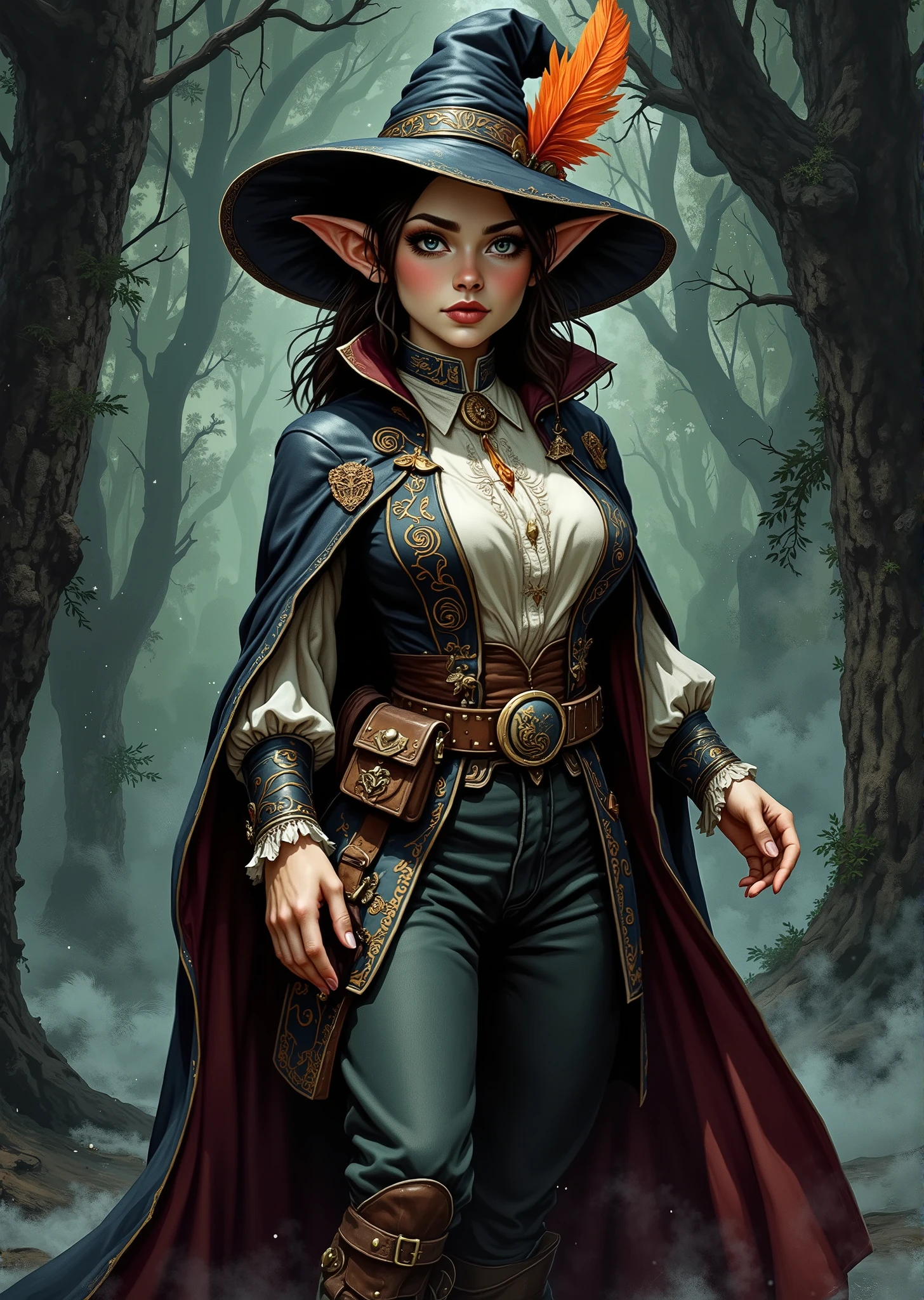 An extremely detailed comic book illustration of a stunningly beautiful extremely curvaceous Gnome from Dungeons and Dragons petite magical folk with big eyes and pointed ears created by gods of invention and illusion seldom seen by other folk due to the gnomes' secretive nature and their propensity for living in forests and burrows making up for their small size with the cleverness trained as a Dungeons and Dragons Fey Wanderer Ranger who keep their unending watch in the wilderness learning to track their quarry as a predator does moving stealthily through the wilds and hiding themselves in brush and rubble able to cast spells that harness the primal powers of the wilderness surrounded by a fey mystique wearing a striking and elaborate outfit that exudes elegance and mystery perfectly suited for a skilled rogue or trickster with a wide-brimmed hat adorned with a vibrant feather, whose design is stylish and dramatic adding a flair of sophistication to her ensemble a fitted dark richly colored coat that trails down her back cinched at her waist with an ornate belt intricately patterned with swirling designs that suggest both elegance and a hint of magic a high-collared shirt made from a lighter fabric that contrasts with the darker tones of her outerwear whose sheer sleeves are long and fitted featuring intricate embroidery that mirrors the patterns of the coat tailored trousers that fit snugly embellished with similar swirling designs as the coat creating a cohesive look with a wide and ornate belt featuring pouches and a flowing cloak draped from her shoulders adding an air of mystery and movement to her appearance complementing the overall color scheme and enhancing her silhouette in an art style inspired by Frank Miller and Conan the Barbarian. The Background is awash in dark moody textured brushstrokes in mystical tones. Standing in a dynamic action pose. Trending on Art Station.