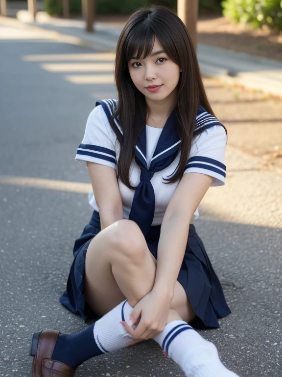 (Highly detailed CG Unity 8k wallpapers), (​masterpiece), (top-quality), (ultra-detailliert), (The best illustrations), (Best Shadows), (Photorealsitic:1.6), Real human skin, Lens Flare, shade, back lighting, Bloom, depth of fields, natural soft light, Hard Focus, Film Grain, Watch your audience, asian human, kpop idol:1.2, mix4, One Girl, 21 years old, 独奏, skiny, thin skin, soft lips, (Thin eyebrows: 1.4)、thighs thighs thighs thighs、Shiny brown eyes、Black straight hair、tiny chest、Beautiful detailed sky、a street (crowd: 1.2)、natta、(Nose turns red)、beatiful detailed eyes、White Japan school uniform、a sailor suit、Black pleated skirt、stockings、espadrilles、happiness、a smile