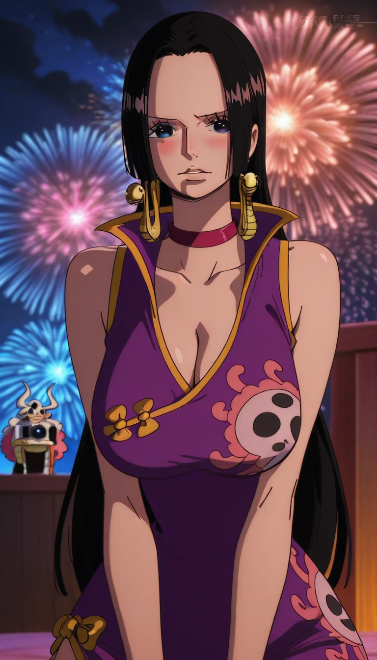 masterpiece, best quality, highres, 1girl, blonde hair, medium hair, asymmetrical hair, floating hair, hair between eyes, high ponytail, sidelocks, hair ornament, fish hair ornament, tassel, kanzashi, bangs, orange eyes, open mouth, smile, teeth, upper teeth only, choker, red choker, pendant choker, butterfly choker, collarbone, tattoo, chest tattoo, flower tattoo, cleavage, medium breasts, thighs, bandages, bandaged leg, sarashi, budget sarashi, chest sarashi, black sash, hadanugi dousa, houkisei, japanese clothes, kimono, kinchaku, obi, obiage, obijime, orange kimono, pouch, print kimono, rope, sash, shimenawa, short kimono, single bare shoulder, vision (genshin impact), east asian architecture, cherry blossoms, full body, squatting, sparkler, night, firework, holding firework, legs together, feet, single glove, single fingerless glove, wristband, black socks,