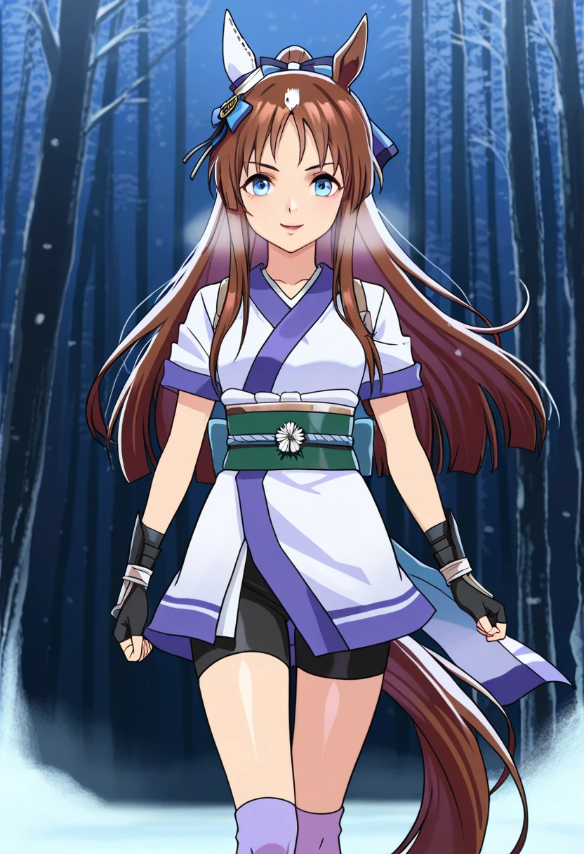 score_9, score_8_up, score_7_up, source_anime, solo, 1girl, looking at viewer, absurdres,highres,masterpiece,best quality,amazing quality, ultra detailed anime style, anime coloring, shiny skin, perfect eyes,detail1eye,well-defined fingers, , umagw , horse ears , horse tail , blue eyes , hair bow , long hair , brown hair, white japanese clothes, sash, gloves, fingerless gloves, short sleeves, bike shorts,ninja,sash,obi, pink purple socks,tabi , looking at the viewer , lips, midnight forest, cold, fogs, smile, happy pose,sfw