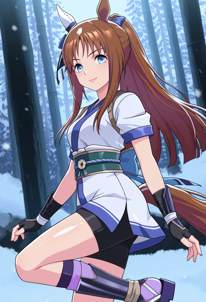 score_9, score_8_up, score_7_up, source_anime, solo, 1girl, looking at viewer, absurdres,highres,masterpiece,best quality,amazing quality, ultra detailed anime style, anime coloring, shiny skin, perfect eyes,detail1eye,well-defined fingers, , umagw , horse ears , horse tail , blue eyes , hair bow , long hair , brown hair, white japanese clothes, sash, gloves, fingerless gloves, short sleeves, bike shorts,ninja,sash,obi, pink purple socks,tabi , looking at the viewer , lips, midnight forest, cold, fogs, smile, happy pose,sfw