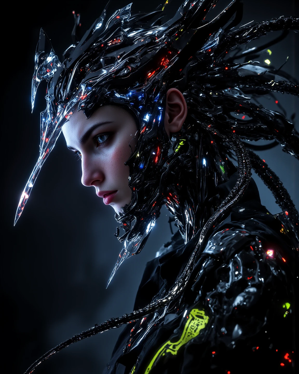 Hr giger tattooed sexy seductive dead girl, perfect face, hyper detailed neon eyes, full body view,