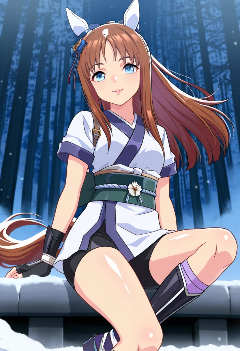 score_9, score_8_up, score_7_up, source_anime, solo, 1girl, looking at viewer, absurdres,highres,masterpiece,best quality,amazing quality, ultra detailed anime style, anime coloring, shiny skin, perfect eyes,detail1eye,well-defined fingers, , umagw , horse ears , horse tail , blue eyes , hair bow , long hair , brown hair, white japanese clothes, sash, gloves, fingerless gloves, short sleeves, bike shorts,ninja,sash,obi, pink purple socks,tabi , looking at the viewer , lips, midnight forest, cold, fogs, smile, happy pose,sfw, close_up