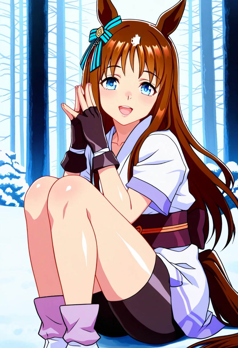 score_9, score_8_up, score_7_up, source_anime, solo, 1girl, looking at viewer, absurdres,highres,masterpiece,best quality,amazing quality, ultra detailed anime style, anime coloring, shiny skin, perfect eyes,detail1eye,well-defined fingers, , umagw , horse ears , horse tail , blue eyes , hair bow , long hair , brown hair, white japanese clothes, sash, gloves, fingerless gloves, short sleeves, bike shorts,ninja,sash,obi, pink purple socks,tabi , looking at the viewer , lips, midnight forest, cold, fogs, smile, happy pose,sfw, close_up, open mouth