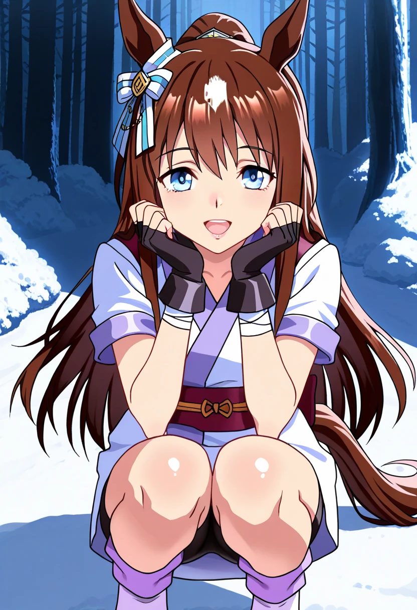 score_9, score_8_up, score_7_up, source_anime, solo, 1girl, looking at viewer, absurdres,highres,masterpiece,best quality,amazing quality, ultra detailed anime style, anime coloring, shiny skin, perfect eyes,detail1eye,well-defined fingers, , umagw , horse ears , horse tail , blue eyes , hair bow , long hair , brown hair, white japanese clothes, sash, gloves, fingerless gloves, short sleeves, bike shorts,ninja,sash,obi, pink purple socks,tabi , looking at the viewer , lips, midnight forest, cold, fogs, smile, happy pose,sfw, close_up, open mouth