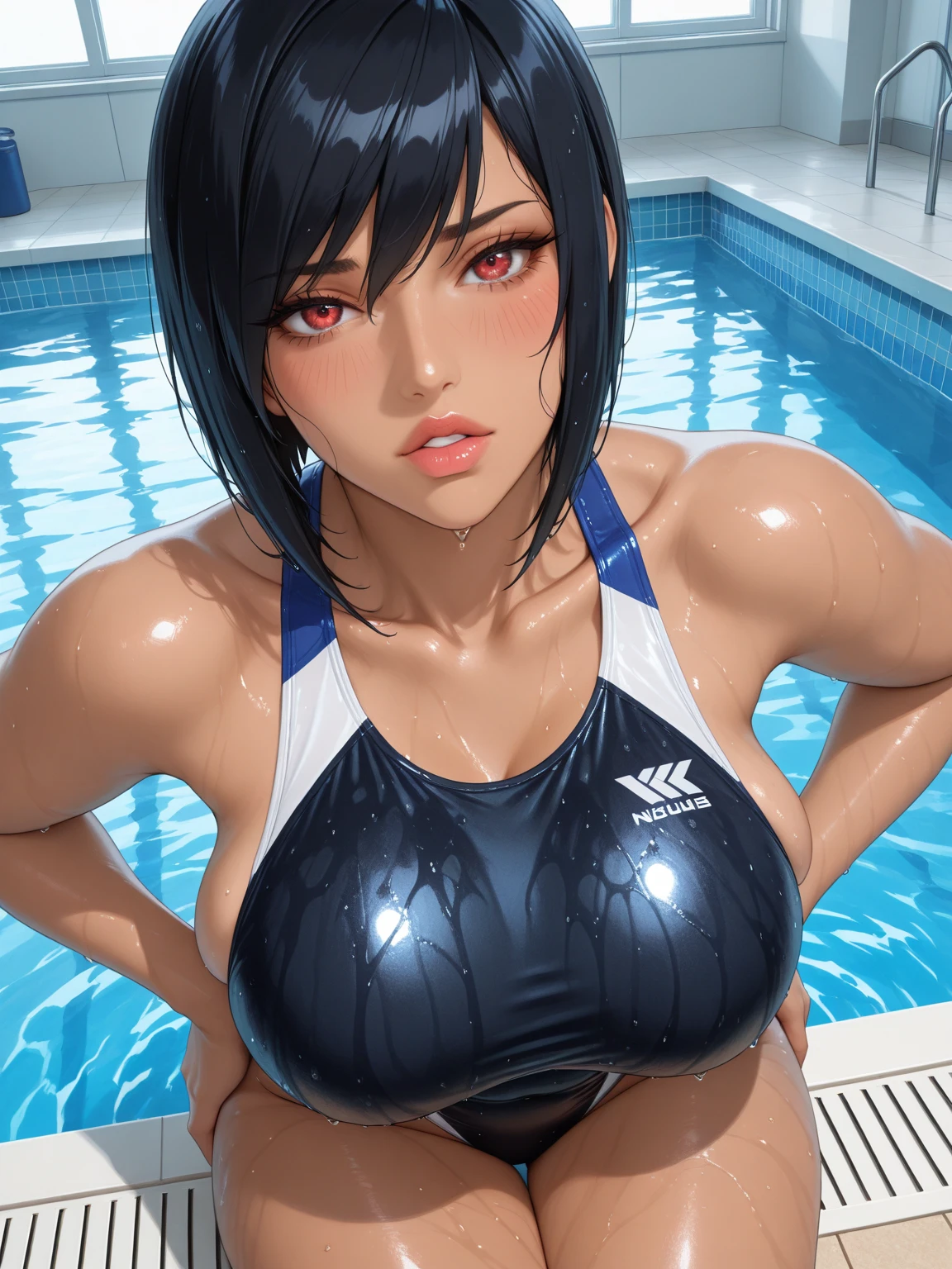 beautiful, (masterpiece:1.2), (best quality:1.2), perfect eyes, perfect face, perfect lighting, 1girl, black hair, bob cut, hair covering one eye, micro bikini、 look at the viewer, (ahegao:0.5, wide angle:0.8), (steam,sweat), sexy pose、brown、black skin、body without muscles、night pool、milf