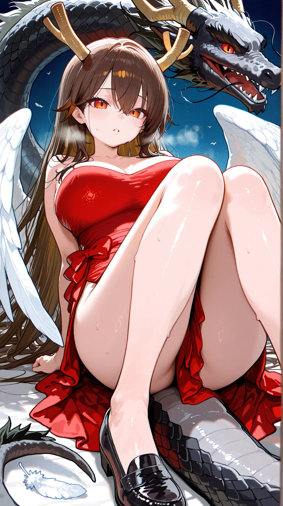 fantasy, 1angel_girl,child, loli,brown_hair, medium_bob_hair, long_bangs, halo,bare_shoulder,thighhighs,silver_armor, waist_armor, large_breasts,angry,grinning,open_mouth_teeth, 1pair_wings, dynamic_pose_fighting,floating, bare_crotch, headgear,gauntlet, greaves,ocean_sky_background,slightly_spread_legs, solo, groin_naked,