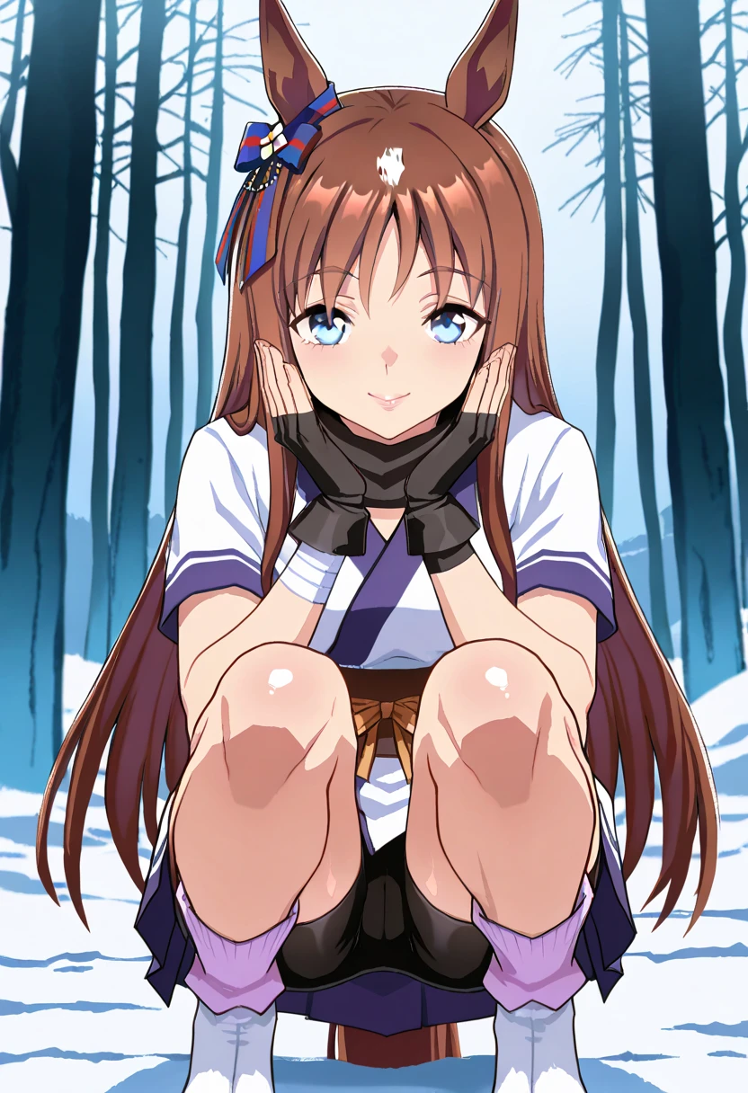 score_9, score_8_up, score_7_up, source_anime, solo, 1girl, looking at viewer, absurdres,highres,masterpiece,best quality,amazing quality, ultra detailed anime style, anime coloring, shiny skin, perfect eyes,detail1eye,well-defined fingers, , umagw , horse ears , horse tail , blue eyes , hair bow , long hair , brown hair, white japanese clothes, sash, gloves, fingerless gloves, short sleeves, bike shorts,ninja,sash,obi, pink purple socks,tabi , looking at the viewer , lips, midnight forest, cold, fogs, smile, happy pose,sfw, close_up