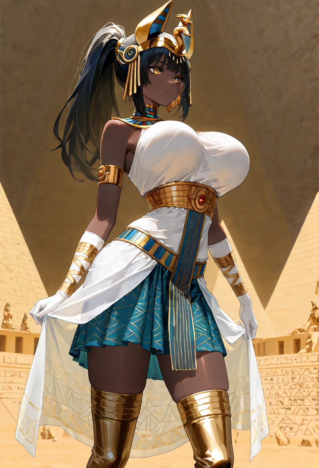 (masterpiece), (best quality), 1girl, solo, dark skinned female, 35-years old, multicolored hair, very large breasts, large hips, jewelry, cleavage, personification, choker, crown, open silk bathrobe, bare shoulders, smiling, hands on hips, indoors, ornate gold and marble throne room.,plunging neckline, breast curtains, Revealing clothes