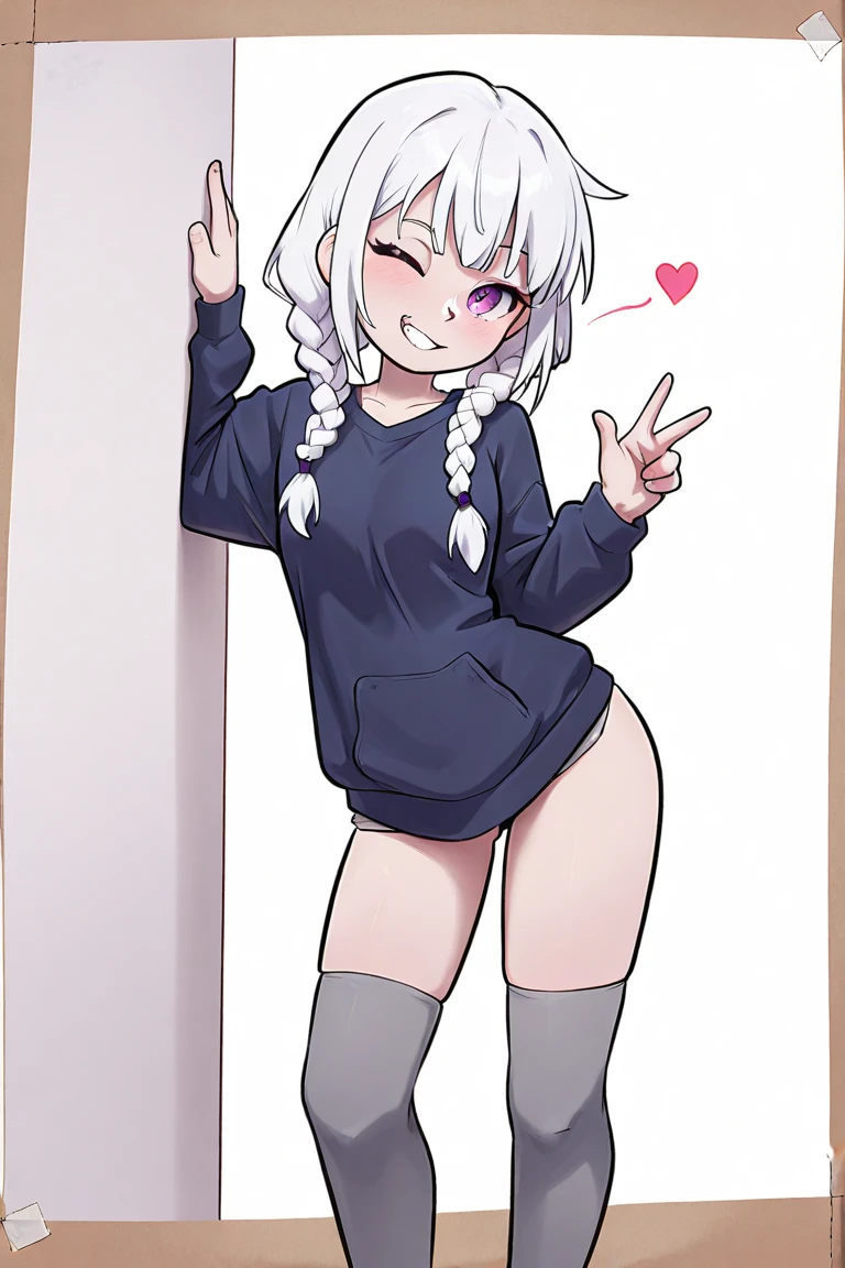 Short white hair, blue eyes, eyepatch, adorable smile, cute smile, skirt, sweater, gray sweater, big butt, big ass, wide hips, big thighs, thigh highs, looking down at viewer, bottom view, lusty smile, shy, blush, blushing, fellatio, fellatio gesture, peace sign, open mouth, tongue, sticking out tongue, drool, short skirt, 