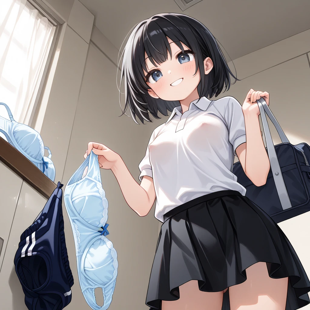 ((open legs))、Cross-legged、floorにsit女の子、Cross-leggedをかいてsquat女の子、squat、physical education sitting、sit、Crouching、floor、gym storeroom, bob cut、short cut hair、black hair、brown eyes, straight hair、13 year old girl、clenched fist、white panties、white gym uniform、Panty peek, good, Wet, from below、Folded gym clothes、topless、small breasts、embarrassing