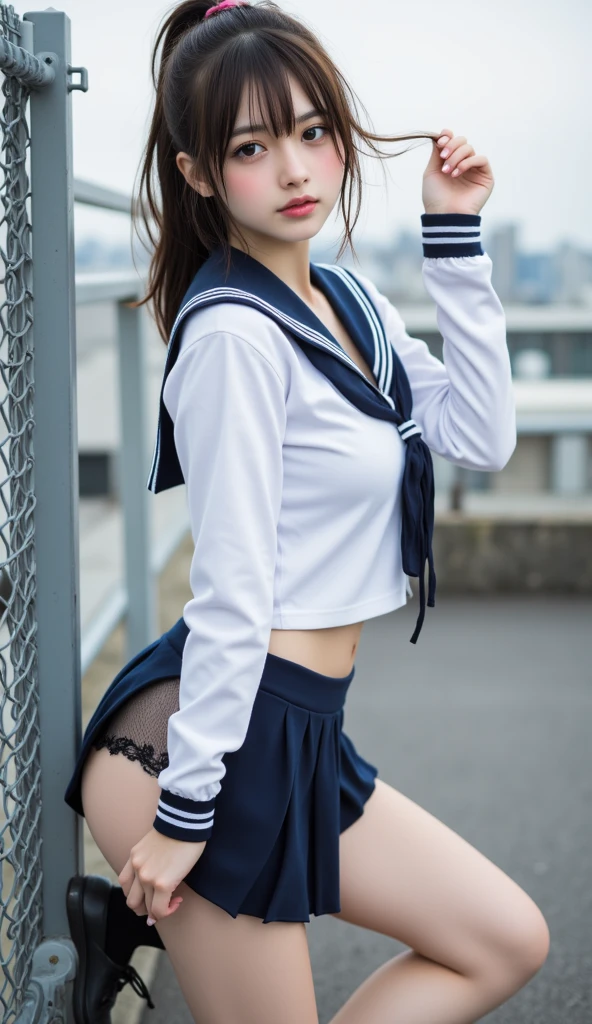 (reality: 1.4),highest quality, masterpiece, high detail, 16K quality, beautiful, 1 beautiful girl,japanese,super beautiful face,baby face,japanese idol face,cute face,super detailed face,detailed hand,beautiful skin,oily skin,big eyes,profeccional lighting,medium hair,black hair,brown beautiful eyes, big smile,standing, (skirt lift),big breasts,(sailor suit),(checked skirt),white panties,(showing panties),black high socks,spread legs, she is looking at the camera,Skyscraper rooftop,blue sky, nsfw,from below,