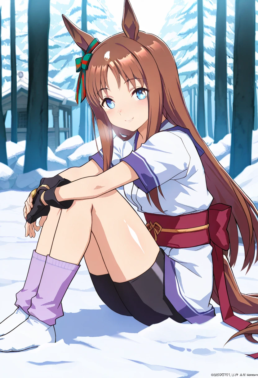 score_9, score_8_up, score_7_up, source_anime, solo, 1girl, looking at viewer, absurdres,highres,masterpiece,best quality,amazing quality, ultra detailed anime style, anime coloring, shiny skin, perfect eyes,detail1eye,well-defined fingers, , umagw , horse ears , horse tail , blue eyes , hair bow , long hair , brown hair, white japanese clothes, sash, gloves, fingerless gloves, short sleeves, bike shorts,ninja,sash,obi, pink purple socks,tabi , looking at the viewer , midnight forest, cold, fogs, smile, happy pose,sfw, close_up, sitting, snow mount