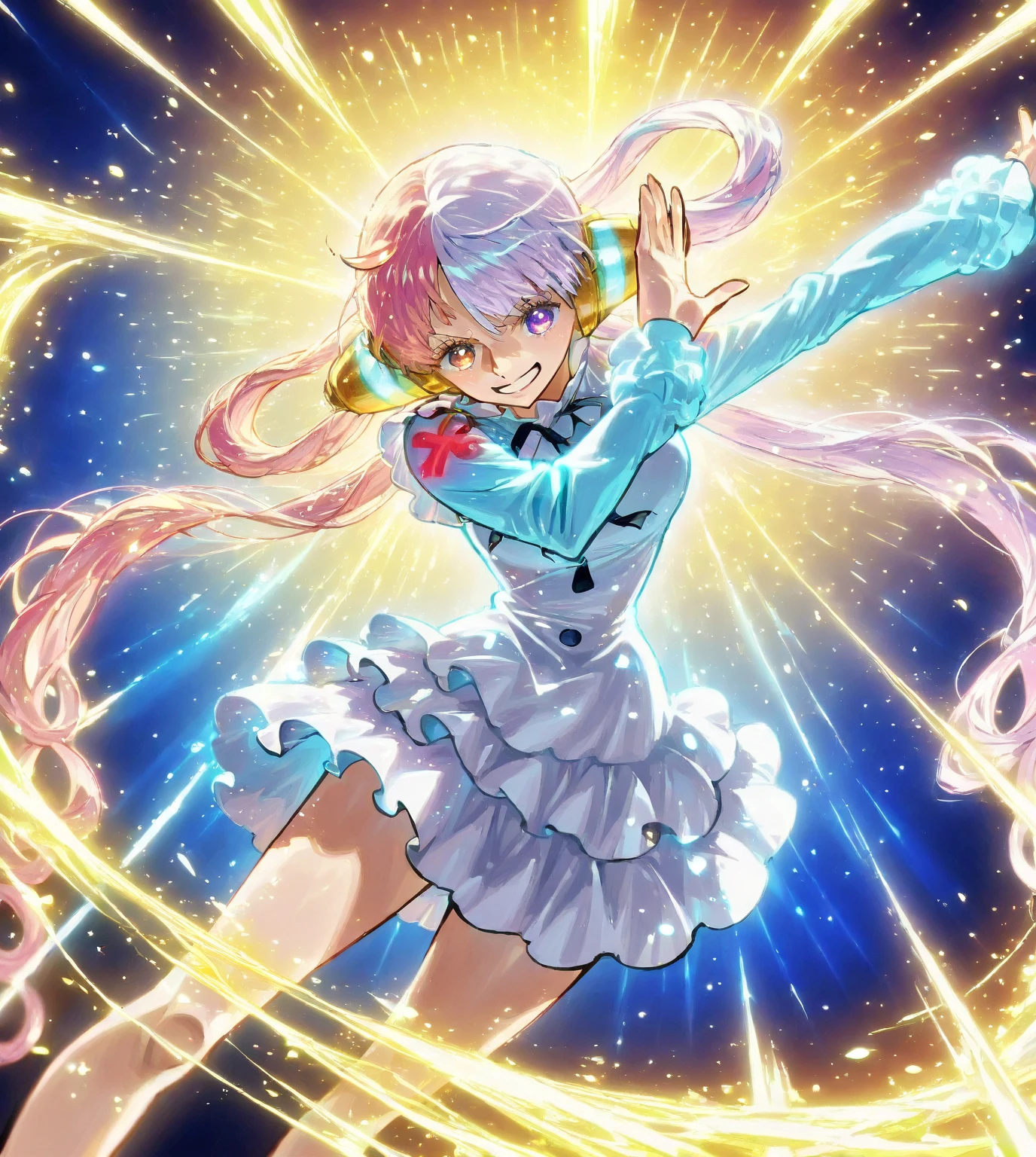 A vivid anime-style magical girl、She has rainbow-colored hair。Dressed in futuristic clothing、Shiny accents are added。Wields a star-shaped wand、There are floating holographic symbols and sparkles scattered all around、Highest quality、masterpiece、beautiful、detailed、Year: 12、Twin-tailed elementary school girl、beach、Pouring sunlight、Dynamic pose、Spraying water with a water gun、Angle from below、smile、Slim figure、(Wet and see-through clothing:1.2)、covered erectile nipples、camisole、Striped underwear、(cameltoe:0.8)