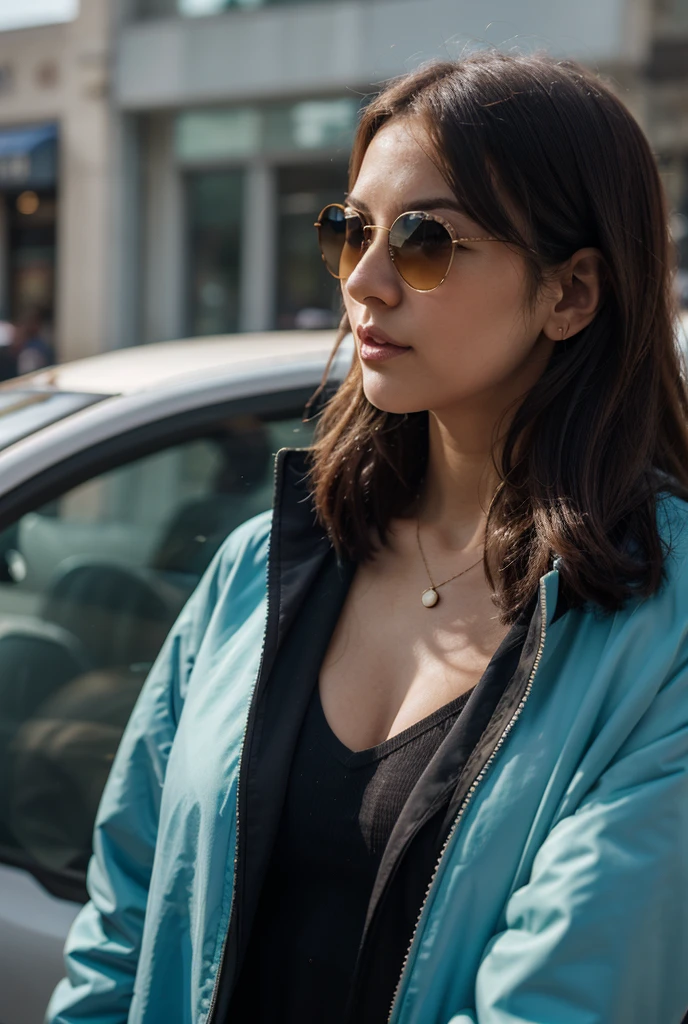 Inside the car there is a woman wearing sunglasses and a scarf, a 30-year-old woman, a masterpiece, UHD (comic book style), a luxurious interior environment, a half-body display