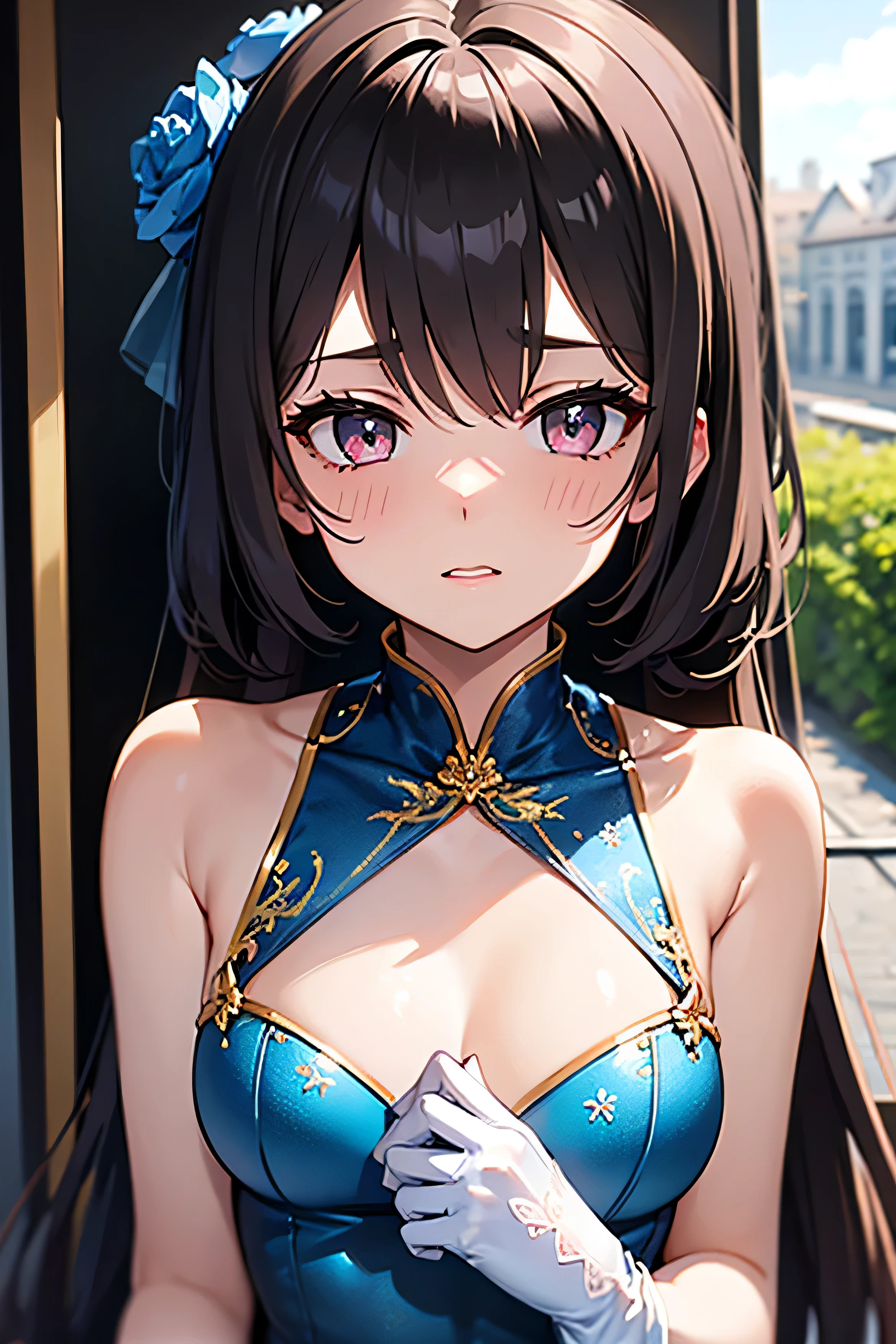 MSV2, 1girl, solo, portrait, smile, ((single hair braid)), blush, (((red colored frill strapless princess dress))), tiara, (castle in background), light beams, night, perfect quality, good quality, masterpiece, HDR, UHD <lora:Mai Sakurajima V2-000003:0.6>