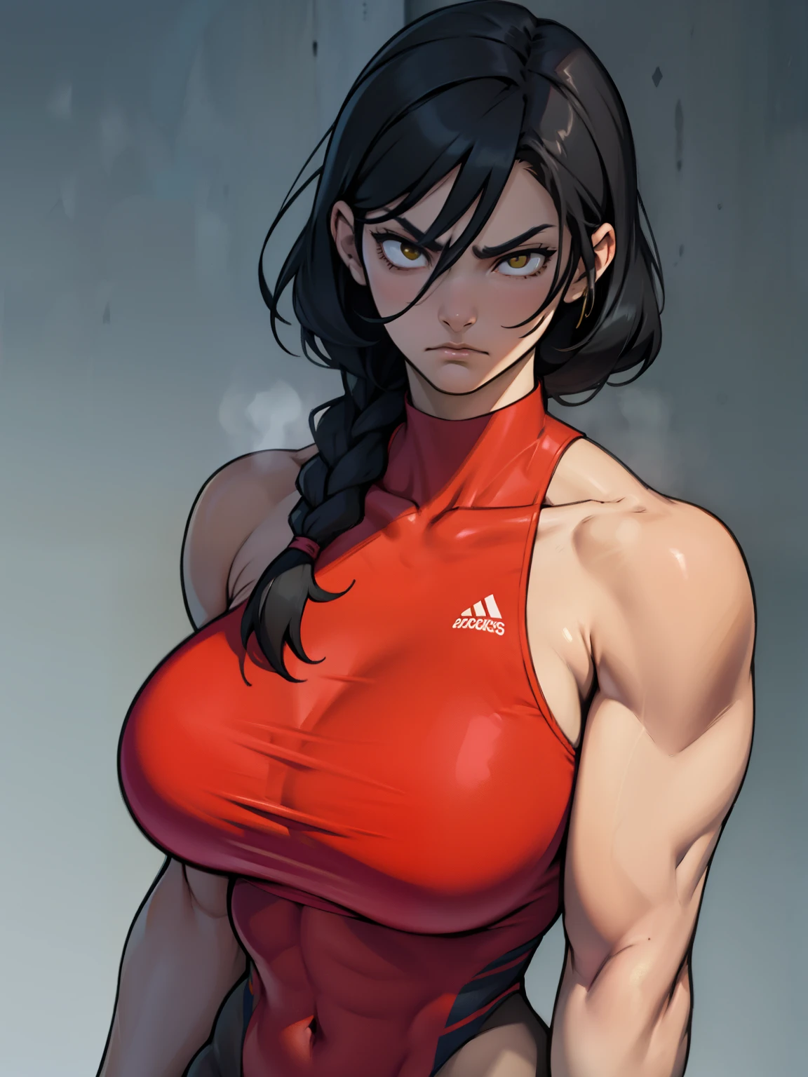 (((muscular girl toned body large breasts thick perfect anatomy))) yellow eyes black hair pale best quality