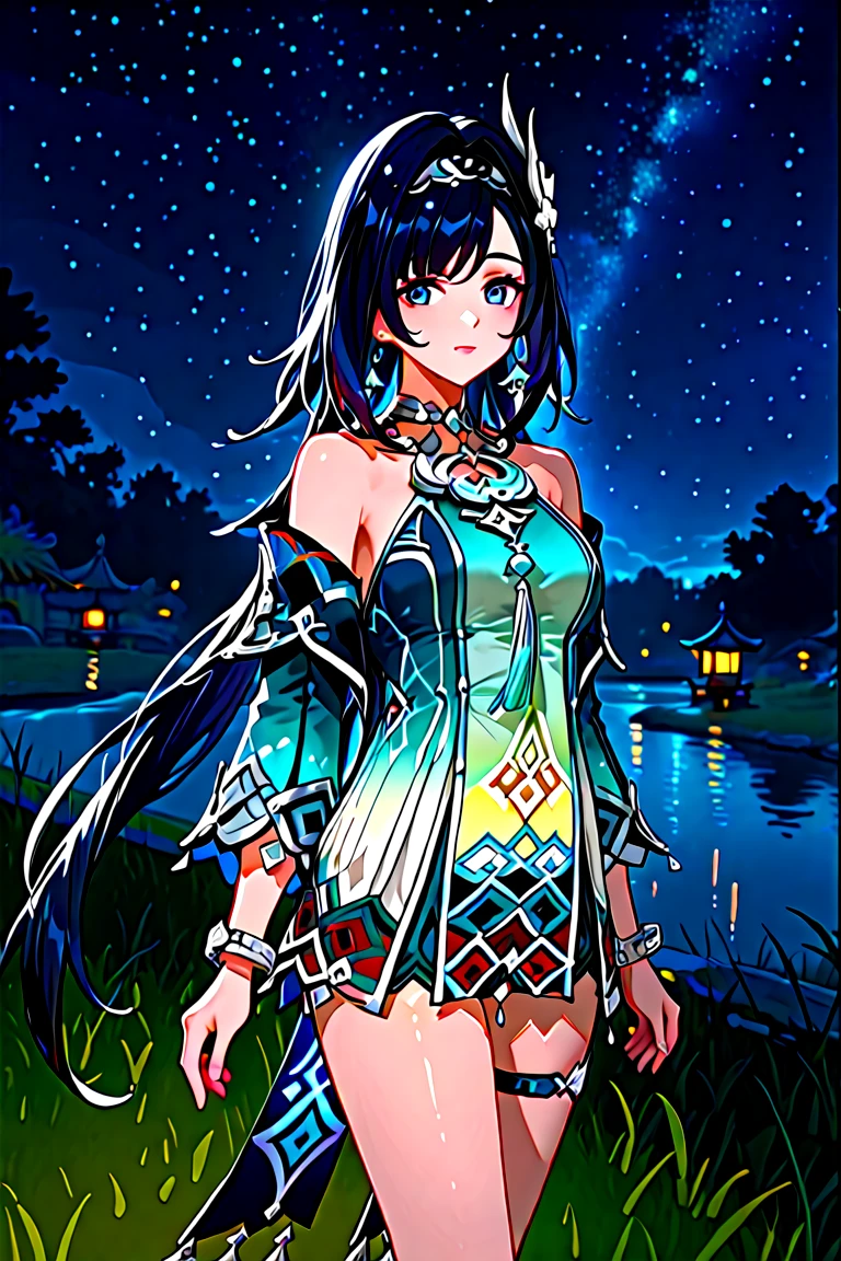 1girl, colorful theme, synyhwave sky,(best quality, high quality, high resolution), ultra-detailed, highly detailed face features, absurdres, highly detailed face features, see through shirt, best photo, high quality illustration, (dark shot:1.17), faded, ((neutral colors)), art, (hdr:1.5), (muted colors:1.2), hyperdetailed, (artstation:1.5), cinematic, warm lights, dramatic light, (intricate details:1.1), complex background, (rutkowski:0.8), (teal and orange:0.4), (shun \(blue archive\):1.2),  solo, black hair, long hair, looking at viewer, medium breasts, halter dress, (chinese clothes:0.9), ponytail, bangs, (halo:1.0), animal ear fluff, tiger ears, tiger girl, (building:1.2), <lora:shun:0.9>, (cowboy shot:1.2), (lake:1.2), beach, seagull, sunset, sunlight, (day:1.5), cloud, sun,