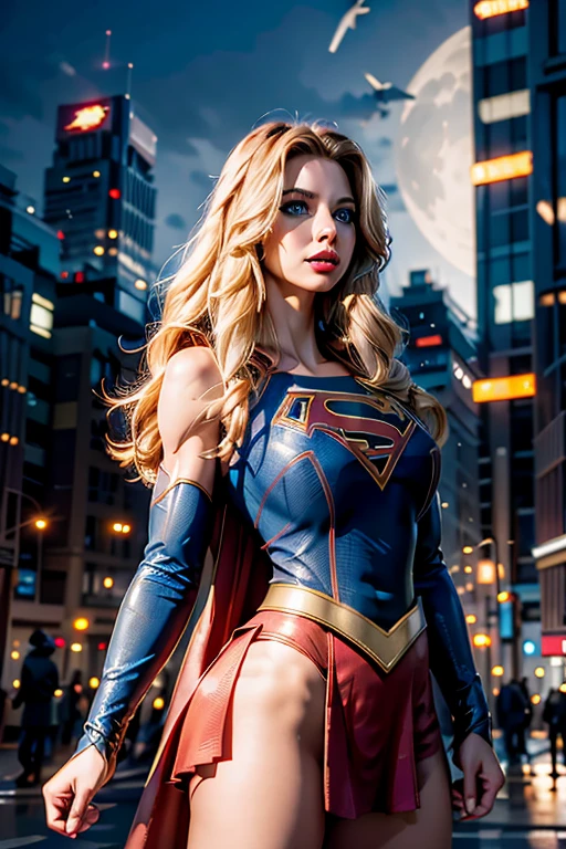 Uhd, ultra realistic, masterpiece, Lucy Griffiths, in supergirl costume, blonde, sunset, in the streets of New York, blue eyes, perfect body, night, thin, (huge breasts), strong lighting, sexy
