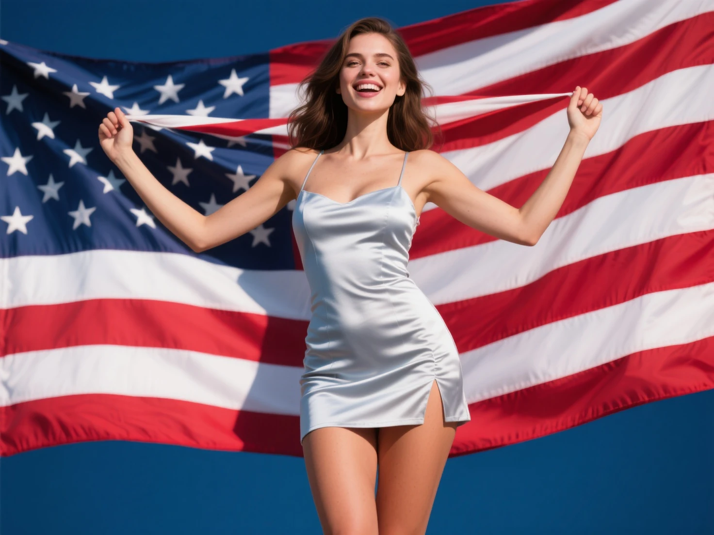 Masterpiece, a beautiful woman, wrapped in the American flag, (Patriotic display:1.2), poised, confident, high detail face, intricately textured skin, expressive eyes, captivating smile, UHD, 8K wallpaper, High resolution, photo-realistic, cinematic lighting, award-winning, by Ellen von Unwerth.

Imagine a stunning, elegant woman, bathed in the ethereal glow of cinematic lighting. Her radiant features are accentuated as she gracefully wraps herself in Old Glory, the stars and stripes gleaming against her flawless complexion. Her high-definition eyes twinkle with pride and patriot