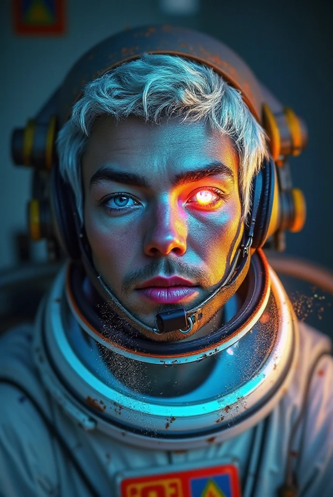 (Close-up of a better masterpiece:1.5)0.9], (Space and astronauts:1.2) (Messy silver hair:1.1) (Heterochromia xanthochromia and blue eyes:1.2) (Space Helmet:1.0) (Colored stars in the eyes:1.0) (A radiant glow:1.1) (thick lips:0.9)