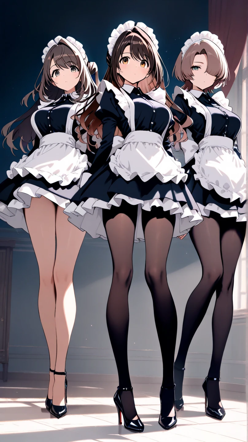 masterpiece, best quality, highly detailed, ultra high res, aichan, large breasts, 3girls, multiple girls, light smile, glossy lips, sleeveless idol dress, very puffy skirt, flared skirt, thigh highs, heeled boots, full body, outside