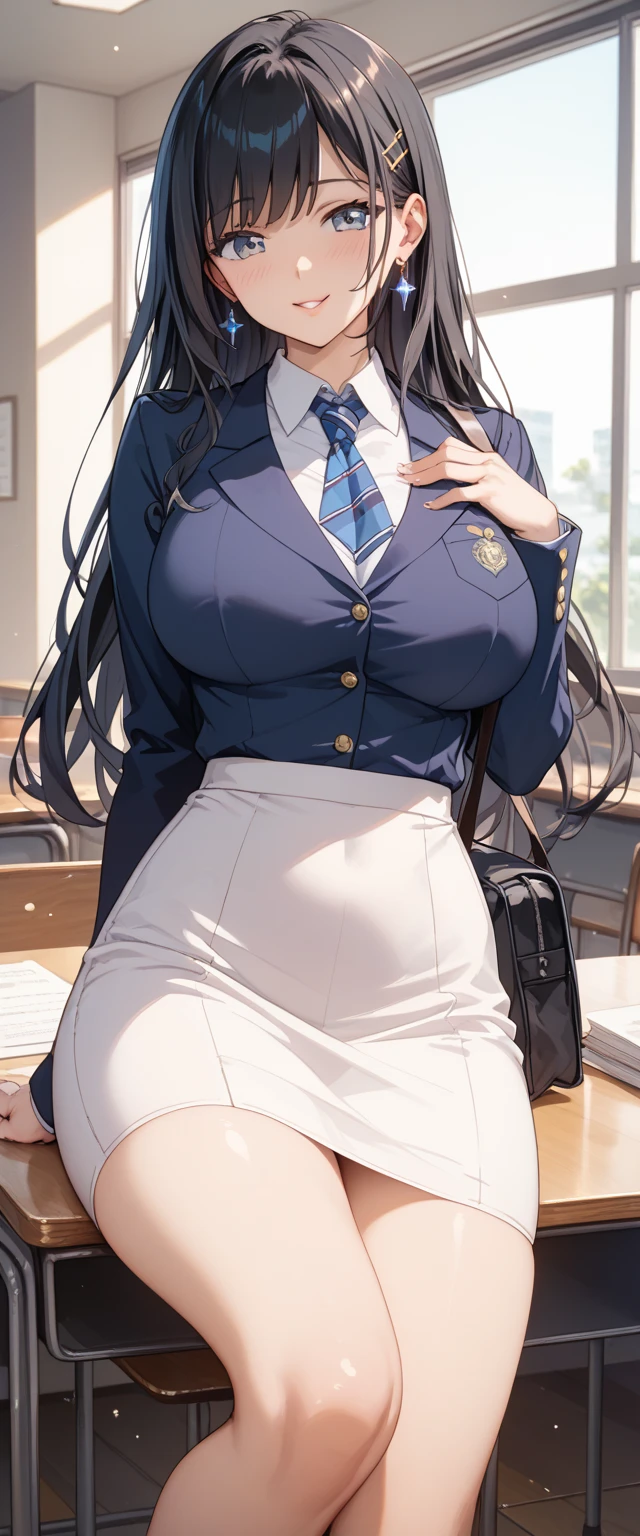 Female, height: 135 cm, weight: 50 KG, hip circumference: 80, waist circumference: 54, bust circumference: 73, face: oval face, hair color: white, eye color: red, clothing: white JK short skirt uniform, scene: classroom.