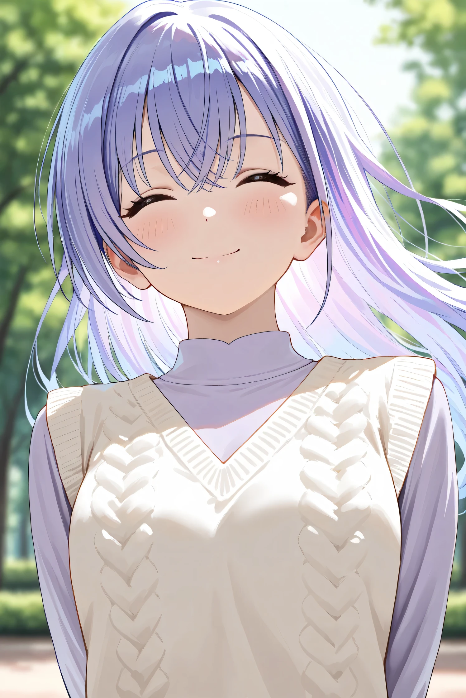 (Masterpiece), (Highest quality), (Very detailed),
(The best shape), (Best Shadow), (Absurd),
(Detailed background), (So beautiful), Shiny ,
Extraordinary, Countershading, 8k, 32K, High resolution,
Very Detailed CG, UHD,
Score_9, Score_8_up, Score_7_up, Source_anime,
(Pastel painting:1.2), (Watercolor painting:1.2),
(Masterpiece, Detailed:1.2), (Foreshortening:1.2),
Cinematic, Dramatic, (Depth of field:1.4),
(Blurry background:1.4), (Realistic background:1.4),
(Foreshortening:1.3),Dynamic angle, 1 girl,
Outdoor, Nature, Park, (Wind:.1.1),
from below,
Suzuki Hana,
The idolmaster shiny colors,
hana suzuki, purple hair, long hair,
(Casual wear:1.3),
vest, white vest, Wool knit vest,
(High neck shirt:1.1), light purple shirt, long sleeves shirt,
Focus on face, close up shot, (portrait:1.2),
(Blush:1.3), smile, happy, her eyes closed,
arms behind back,
Realistic skin, Shiny skin,