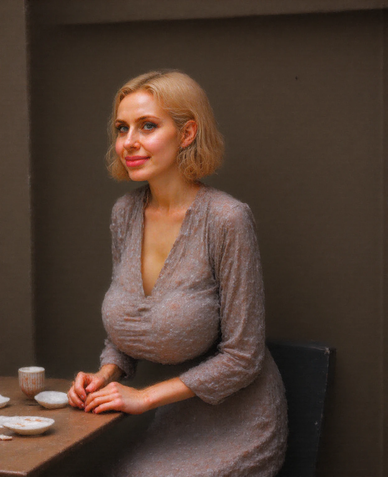 NSFW, photorealistisch, beautiful Gesicht, (Meisterwerk:1.4), (Best quality:1.4), extremely detailliert, hyper-detailliert, sanfte Beleuchtung, 38 Jahre alt, beautiful blonde pin-up woman from the 1950s, Late thirties, stands naked next to a white marble sculpture in a museum, Her dress has slipped down and shows her bare breasts, white pearl necklace and white pearl earrings, perfekt Body, vollbusig, perfekt legs, kompliziert details, Meisterwerk, Best quality, uhd, 8k, ((schlichter Hintergrund:1.3)), rasierter Schambereich, big , sagging breasts, lange harte Brustwarzen, kurzer blonder Haarknoten mit Schleife im Haar, rasierter Schambereich, (perfekt_Gesicht), kompliziert, 4k, detailliert_Hintergrund, voll_Body, realistisch, 8k, Sexy, very cheeky smile, herausfordernder, frecher Gesichtsausdruck