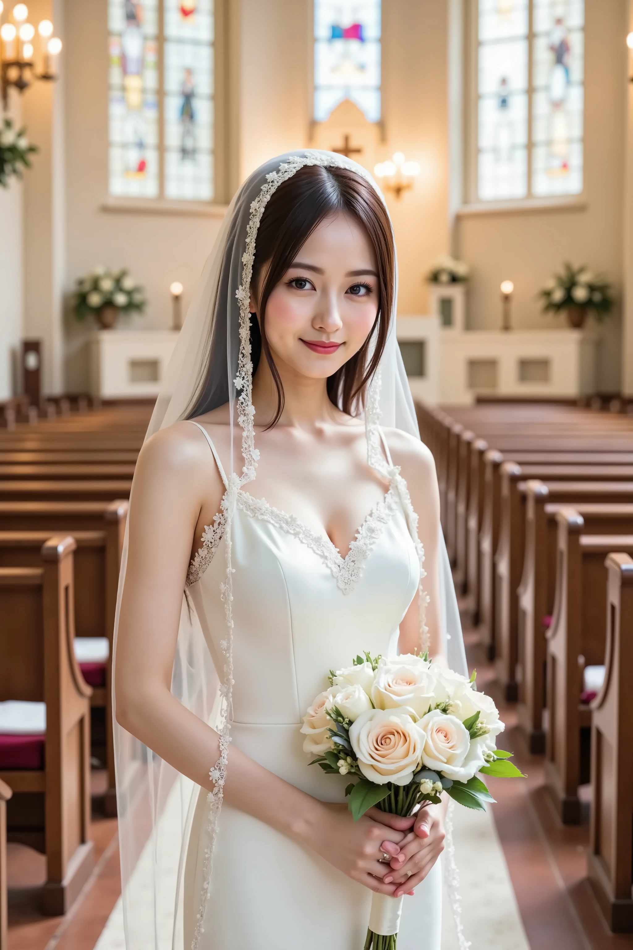 (kawaii face), (flat chest:1.2), happy smile, makeup, (Beautiful frills and lace cute wedding dress, bare shoulders:1.3), (tiaras, necklaces, earrings), Ultra High Definition, Superior Quality, Premier Quality, ultra detailed, Photorealistic, 8k, RAW Photos, highest quality, masterpiece, professional photography, Realistic portrait, Beautiful detailed, Close up portrait of girl, (chapel, stained glass), bouquet, flower decoration, beautiful bride pictures, (Fine face:1.2),