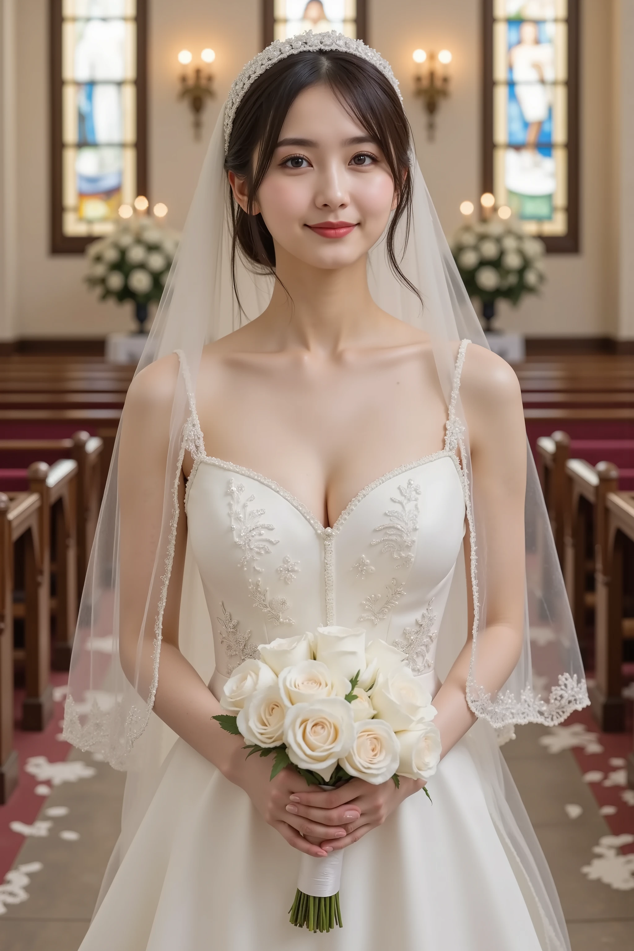 (best quality), masterpiece, (photo realistic:1.5), 8k quality, 1 beautiful girl, 18 years old, full body, (large breasts:1.4), dark brown hair, brown eyes, front, detailed face, beautiful eyes, looking at viewer, smile, BREAK, wearing mighty sexy wedding dress, one shoulder dress, standing in a wedding altar, holding a bouquet with both hands, (ulzzang-6500-v1.1:0.1)