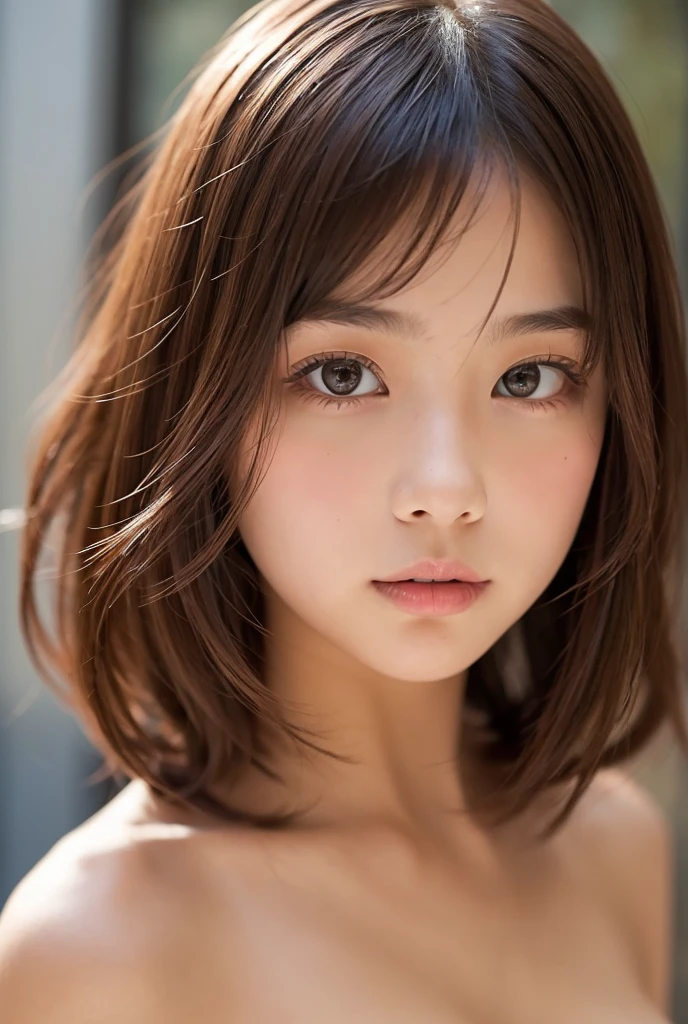 beautiful girl, brown eyes, beautiful slim age girl 25 year old woman, blonde hair, blonde highlights, [undercut pixie] hair, lips, realistic, narrow waist, charming, lipstick, long eyelashes, fair skin, (cute), (detailed face), detailed eyes, detailed iris, large breasts, (one-piece swimsuit), arisa ayase, ((quicksand))