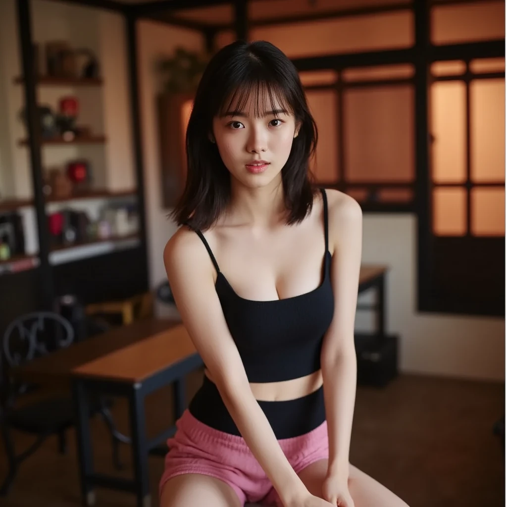 (full body shot:1.3), Best quality, 20y, (chubby:1.2), 1girl, kazakh, wearing floral tanktop, skirt, big breast, (sexy:1.2) (messy bun hairstyle:1.2), hair blowing in the wind, moody, deep shadow, (dramatic posing:1.2), sofa, in vintage bar, detailed face and eyes, (perfect object:1.2), portra 400, (cinematic dark lighting:1.3), (ultra highres;1.3), highly detailed:1.3), masterpiece, (sharp focus:1.2), beautiful film bokeh, (surreal view:1.5), candid style, shot by zenit camera with 35mm lens, Portrait by annie leibovitz