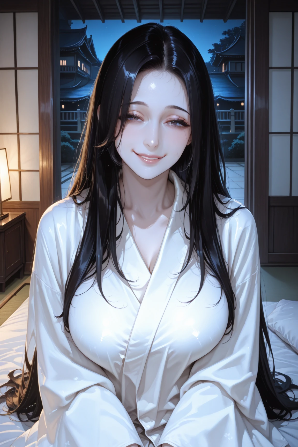 masterpiece, Highest quality, Unreal Engine, Super Resolution, Very detailed, Complex, colorful, Clear images, Sharp focus, Digital Blending,
Beautiful woman, Mountain village_Sadako, ((White robes)), Pale skin, Ghost, Black Hair, Perfect Eyes, Perfect Face, Ultra detailed hair, Ultra detailed face, Very detailed lips,Vivid expression, Healthy Body, Beautifully detailed sweat glands, Smooth skin texture, Carefully drawn,
(humidity:1.2), Beautiful Eyes, (Attractive face:1.2), (Beautiful Skin), (Big Breasts), Sticky with sweat, In a dynamic pose,
The world of rings, indoor, In the old house,