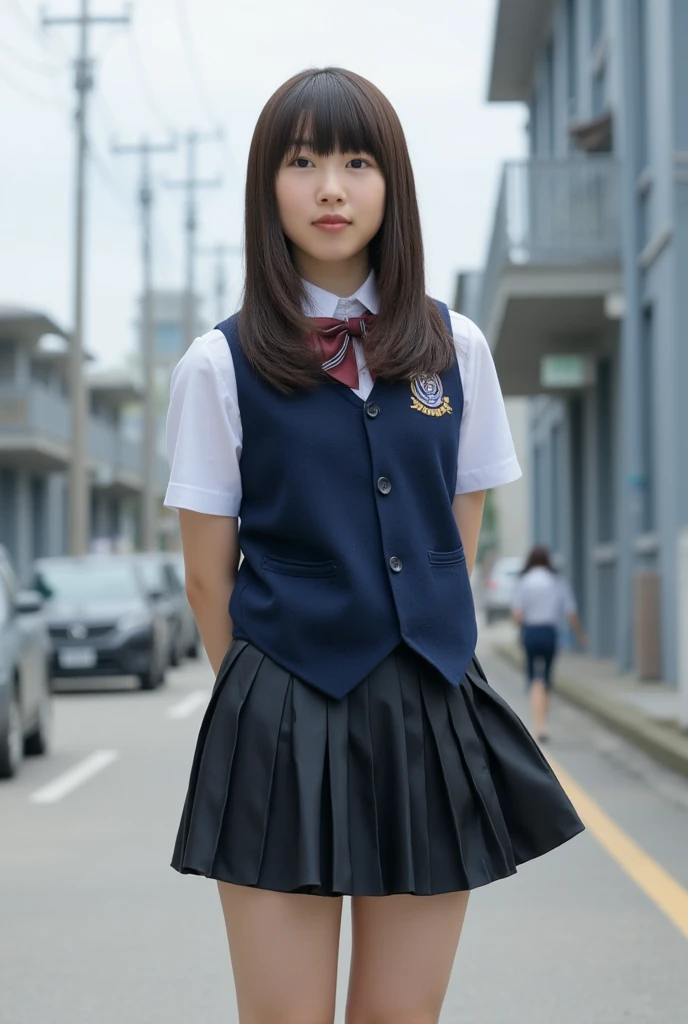 japanese school uniform、middle School girls、a look full of compassion、16 years old、7 head and body、