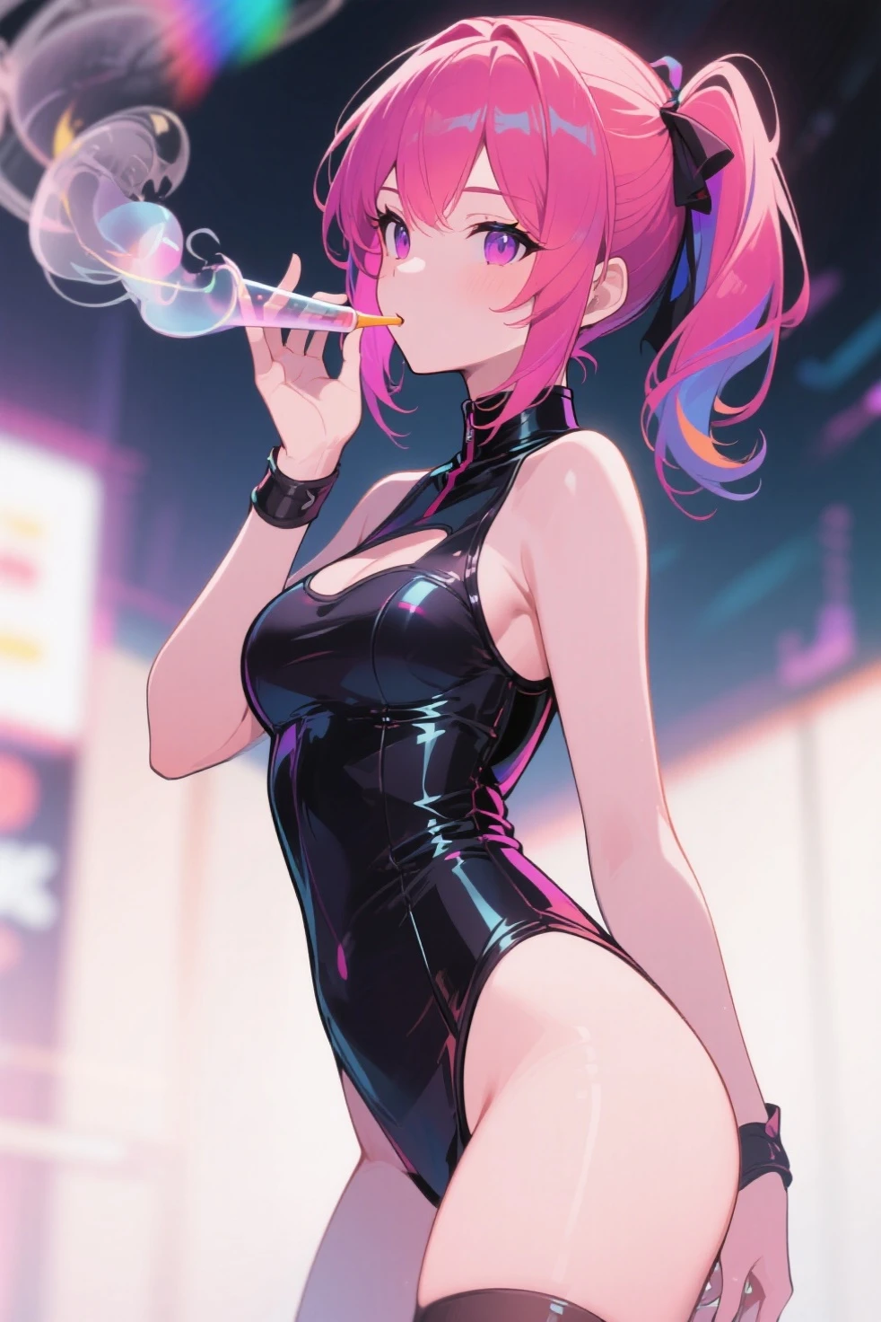 (shoulder length hair:1.3), (pink hair:1.1), (hair up in ponytail:1.3), arms up holding ponytail, mascara, smokey eye makeup, lipstick, 1girl, a beautiful young woman, gorgeous face, perfect skin, high ponytail, black one piece swimsuit, (traditional playboy bunny suit:1.3), (black pantyhose:1.3), (bunny ears:1.1), (bow tie:1.1), (cuffs:1.1), (bare shoulders, strapless:1.3), (sensual confident pose), (night club background:1.3), party, dancing, lights, dim lighting, (masterpiece:1.2), soft lighting, subsurface scattering, heavy shadow, (best quality:1.4), golden ratio, (intricate, high detail:1.2), soft focus, (caucasian:1.1), (hazel eyes:1.15)