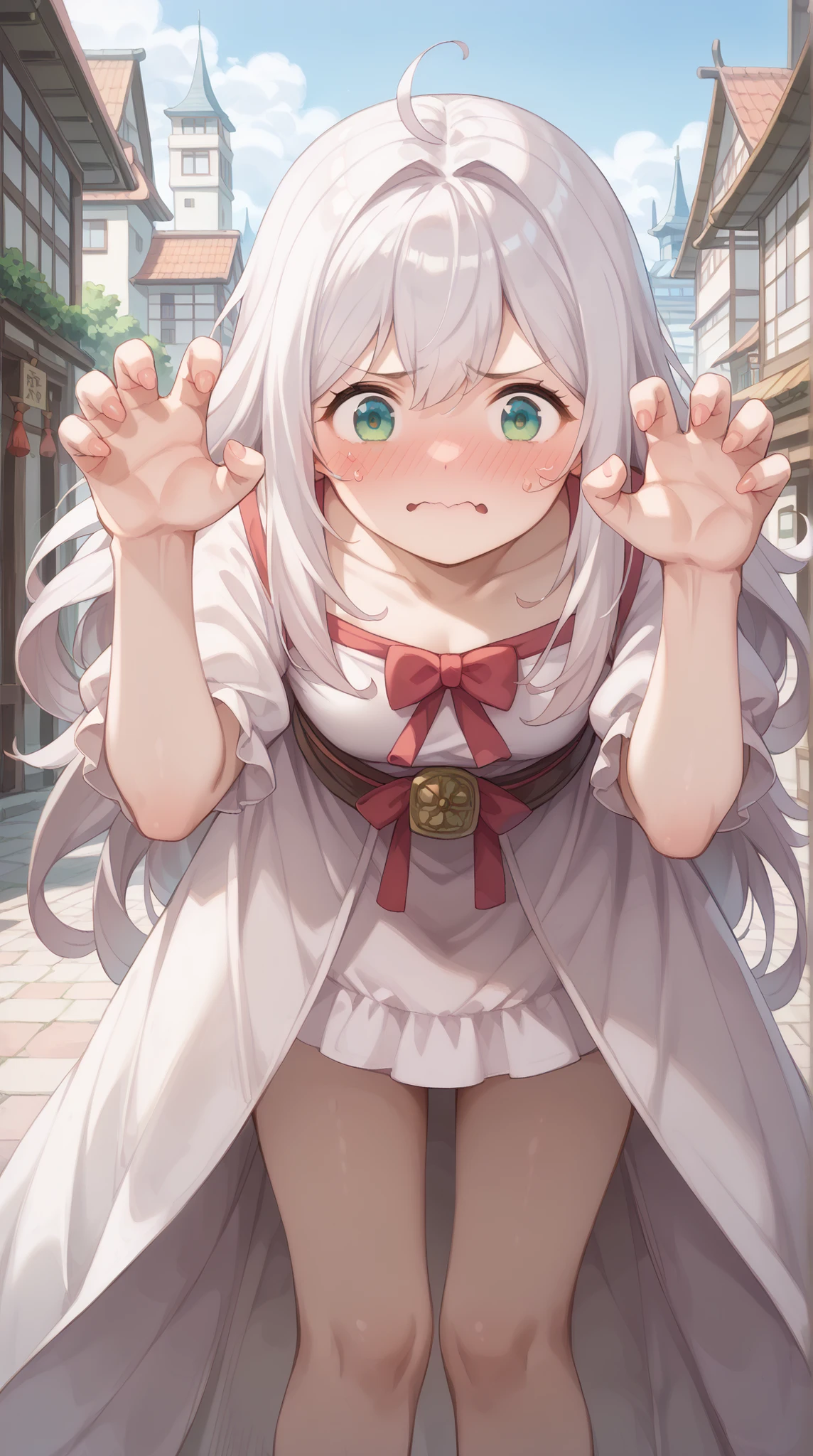 ((Highest Quality、details、Complete Anatomy、Full Finger)),female,(((日本人female、solo,bent over,claw pose, brownish white hair 、white long hair,fantasy costume、white dress、size dress that lifts clothes in the wind、extend oversize dress,extend upskirt,skirt rise in style、embarrassed face、 shy face、medieval city)))