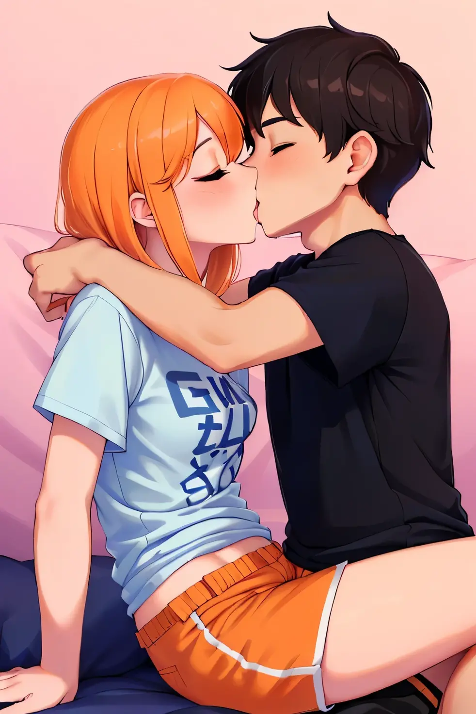 beauty pose, only one thin girl with ginger fur ears, does blowjob, black elastic band in ginger wavy medium hair with 2 ponytails up hair, staying on the knees, sharp nose, closed eyes, very big ass and very small chest, one monstera on the background, black choker, wooden floor, black suspenders with very short white blouse with short sleeves, thin very red lips, school plaid red skirt, white walls, arched back, her hands are holding the man's butt, the nude man is standing and the man holds her head with his hand