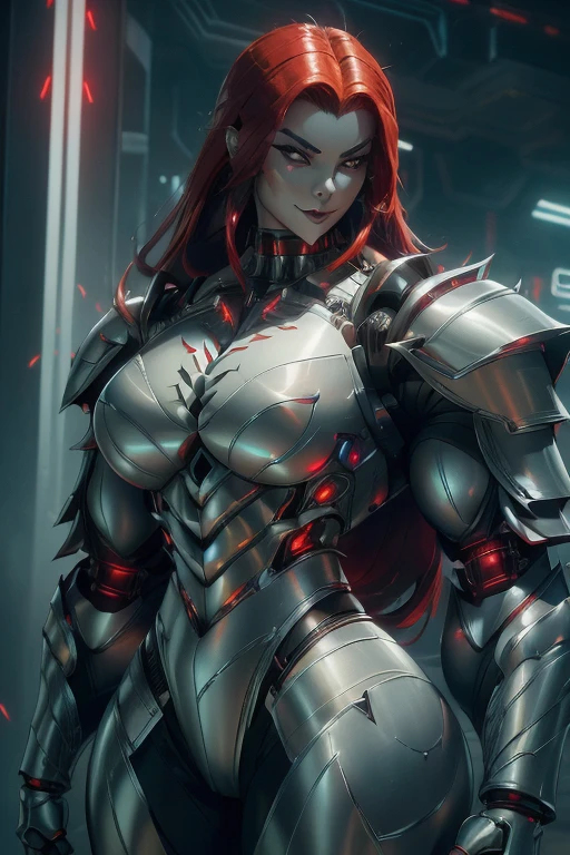 ((Close-up)), tall, (red hair) beautiful muscular asian woman, long hair, pale white skinned, closed smile, (black lipstick), (massive muscles), (hyper muscle), (ginormous bulky muscles), glowing yellow eyes, ((full red cybernetic suit of armor)), (cybernetic pants), choker, boots, flexing, in a neon city, 