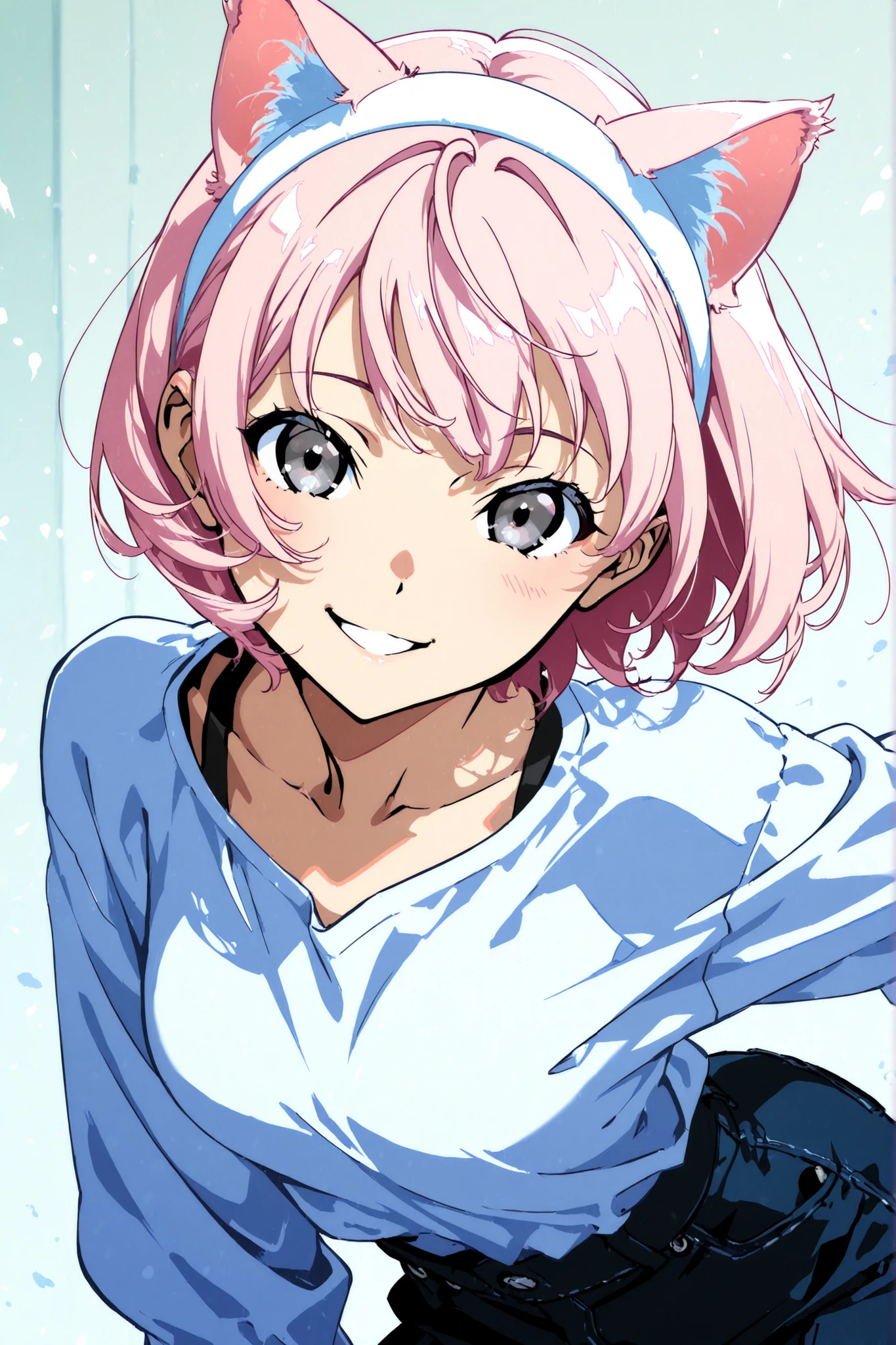 yoneyama mai style, dynamic pose, masterpiece, high quality, pale pink hair girl, short hair, with cat ears, bluish gray eyes, anime style, adult face, cute, smiling, white hairband